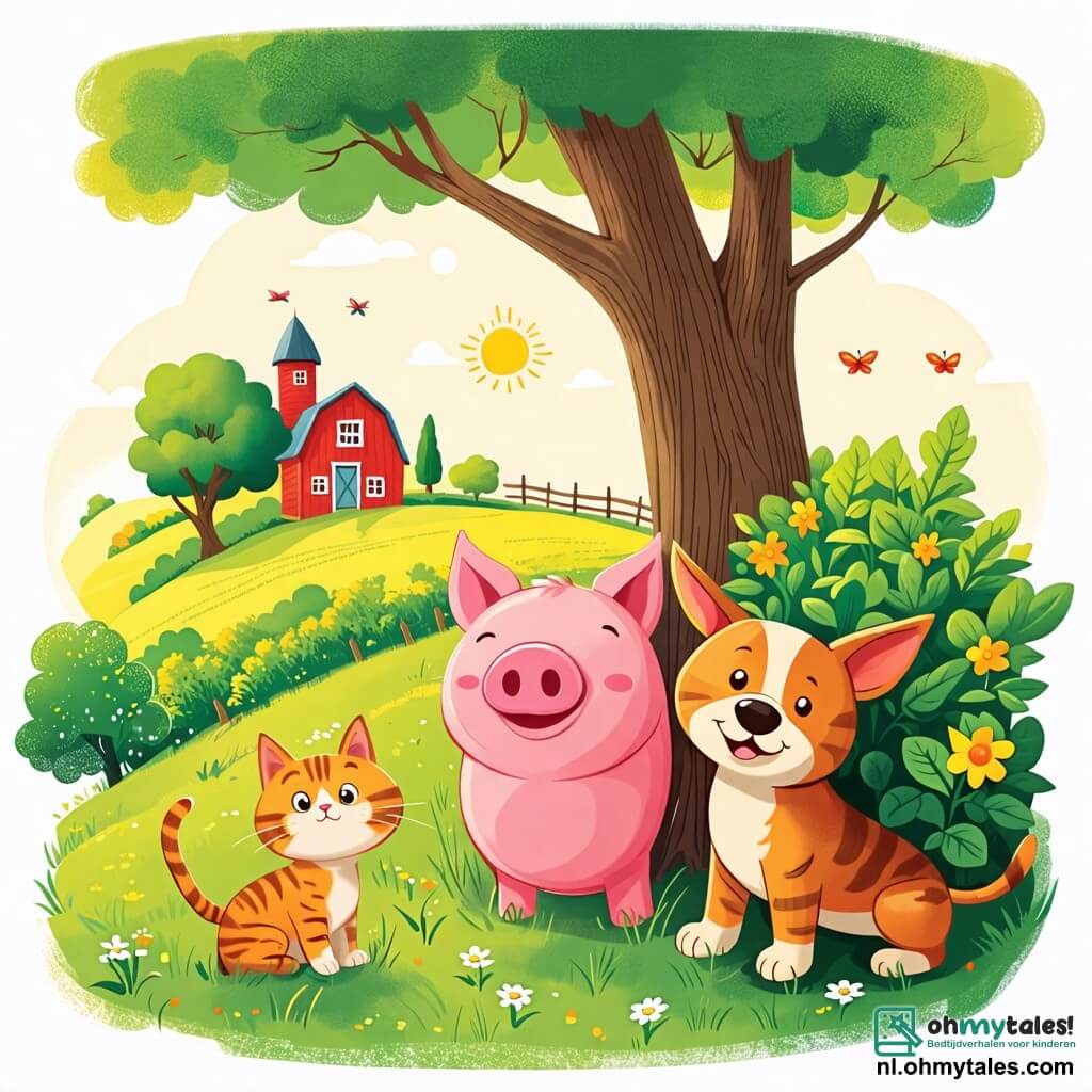 Une illustration sous forme de dessin destinée aux enfants représentant une charmante ferme ensoleillée avec des champs verdoyants et une grande arbre, où un cochon rose et rond, avec une grande sourire joyeuse, se cache derrière le tronc d'un arbre, tandis qu'une petite chatte tigrée aux yeux malicieux se faufile sous un buisson et un chien marron aux grandes oreilles renifle l'air, tous jouant à cache-cache dans une ambiance de bonheur et d'amitié.