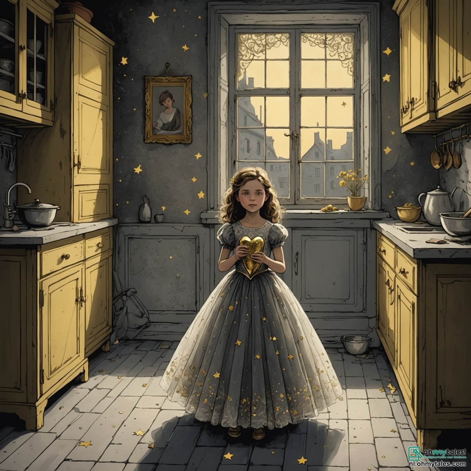 Une illustration destinée aux enfants représentant une jeune fille au cœur d'or, vêtue d'une robe en tulle scintillant comme les étoiles, se tenant dans une cuisine poussiéreuse aux murs de pierre grise, où les rayons du soleil filtrent à travers des fenêtres ornées de rideaux en dentelle jaunie, tandis qu'elle rêve d'échapper à sa vie de servitude sous le regard sévère de sa stérile belle-mère, une femme aux traits durs et à la voix aigre, et de ses deux sœurs jalouses, aux rires moqueurs et aux robes flamboyantes, qui ne voient en elle qu'une ombre, alors qu'au loin, dans le jardin fleuri, se profile le majestueux château du prince, un jeune homme au sourire éclatant, dont le bal scintillant promet des rencontres magiques et des rêves d'évasion.