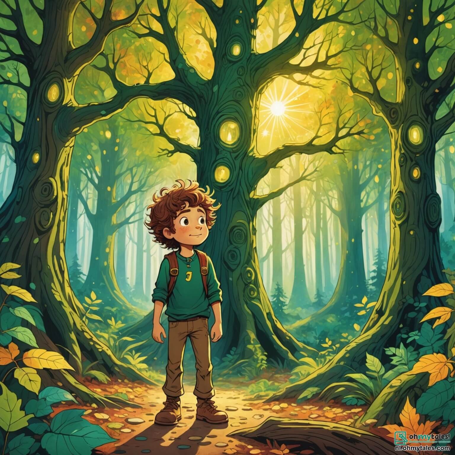 Une illustration destinée aux enfants représentant un petit garçon aux yeux pétillants de curiosité, aux cheveux en bataille comme des rayons de soleil, se tenant au milieu d'une vaste et colorée forêt enchantée, où des arbres aux troncs noueux s'élèvent majestueusement vers le ciel, leurs feuilles scintillant comme des émeraudes sous les rayons dorés du soleil, tandis qu'un adorable petit lapin aux grandes oreilles, au pelage doux comme du coton, l'accompagne dans sa quête palpitante pour retrouver une étoile dorée perdue, tout en étant guidé par un majestueux oiseau aux plumes chatoyantes qui chante des mélodies envoûtantes, créant une atmosphère magique et pleine d'aventures.