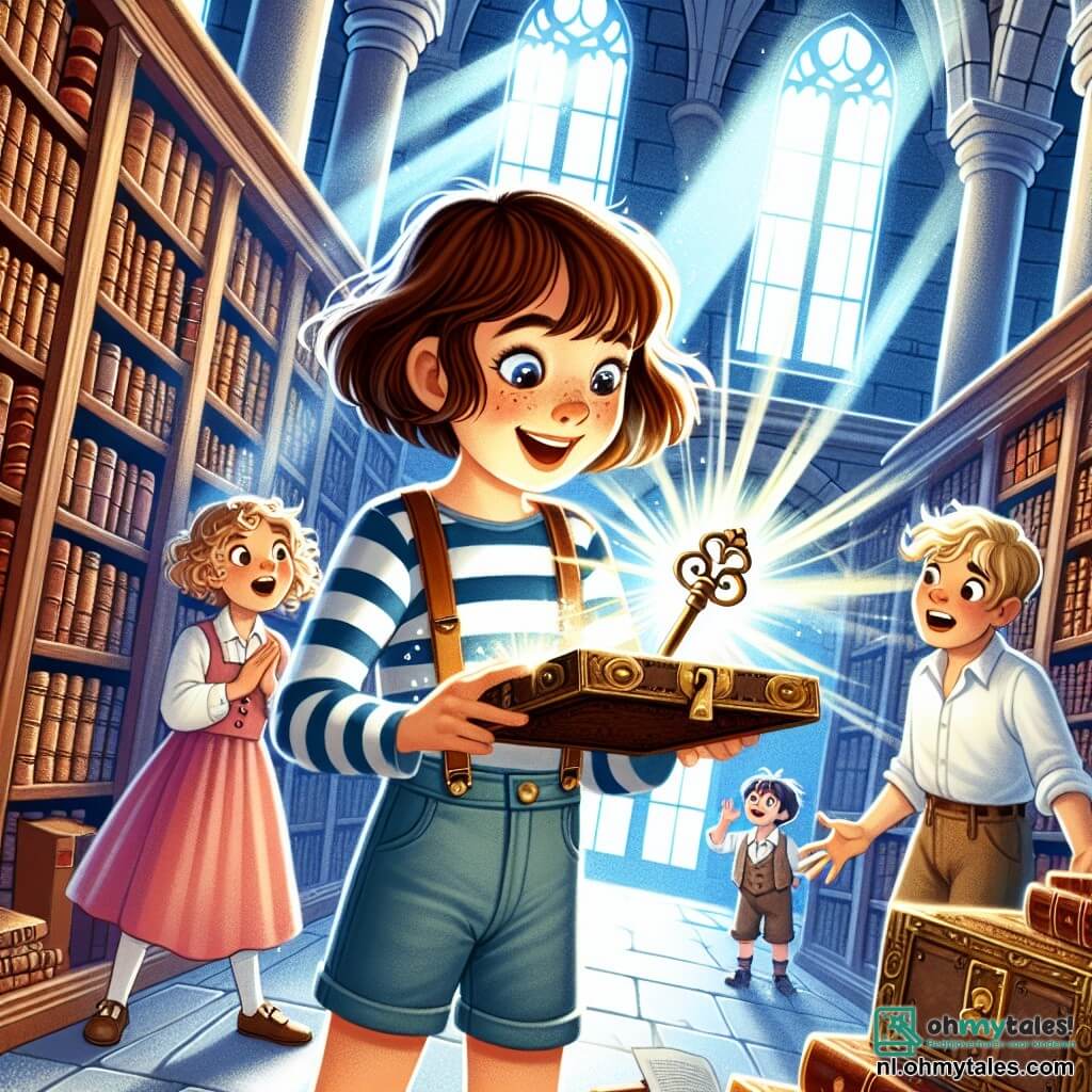 Une illustration sous forme de dessin destinée aux enfants représentant une grande bibliothèque colorée avec des étagères remplies de livres anciens et des rayons de lumière filtrant à travers de grandes fenêtres, où une fille de 9 ans aux cheveux châtains courts et aux yeux pétillants, vêtue d'une chemise à rayures et d'un short, se penche avec excitation pour examiner une vieille clé brillante qu'elle vient de trouver, tandis que deux de ses amis, un garçon aux cheveux blonds et une fille aux cheveux bouclés, l'observent avec des expressions émerveillées, tous trois prêts à résoudre le mystère de la clé disparue et à découvrir les secrets de la bibliothèque magique.