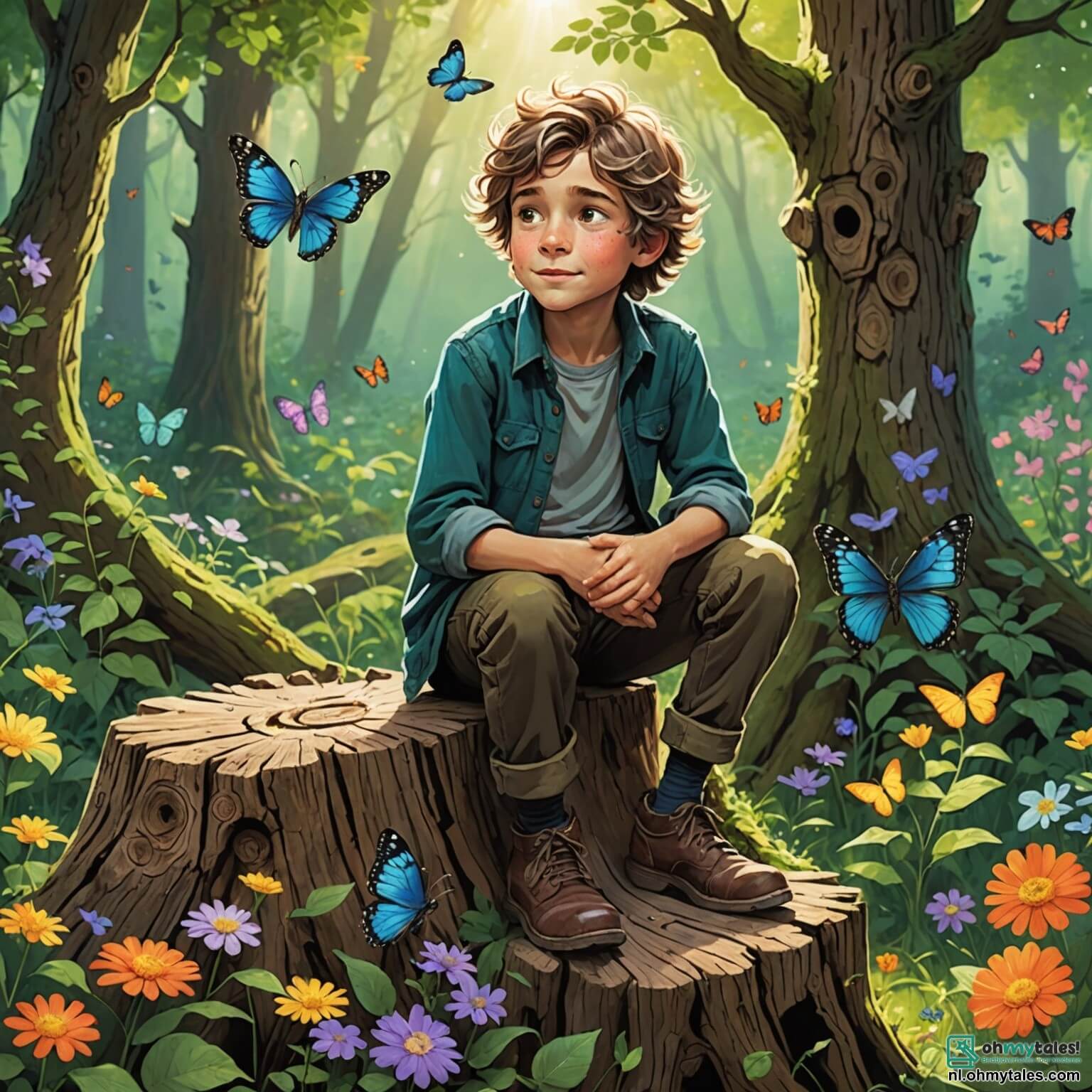 Une illustration destinée aux enfants représentant un garçon aux yeux pétillants et aux cheveux ébouriffés, assis sur une vieille souche d'arbre dans une forêt enchantée où les rayons du soleil filtrent à travers les feuillages verdoyants, entouré de fleurs colorées et de papillons dansant, tandis qu'il écoute avec une attention émerveillée les histoires d'un vieil homme à la barbe blanche, sage et réconfortant, qui lui parle de la vie et de la mort, lui apprenant à chérir les souvenirs et à célébrer l'amour perdu dans ce havre de paix où les chants des oiseaux se mêlent au doux murmure d'un ruisseau serpentant à ses pieds.