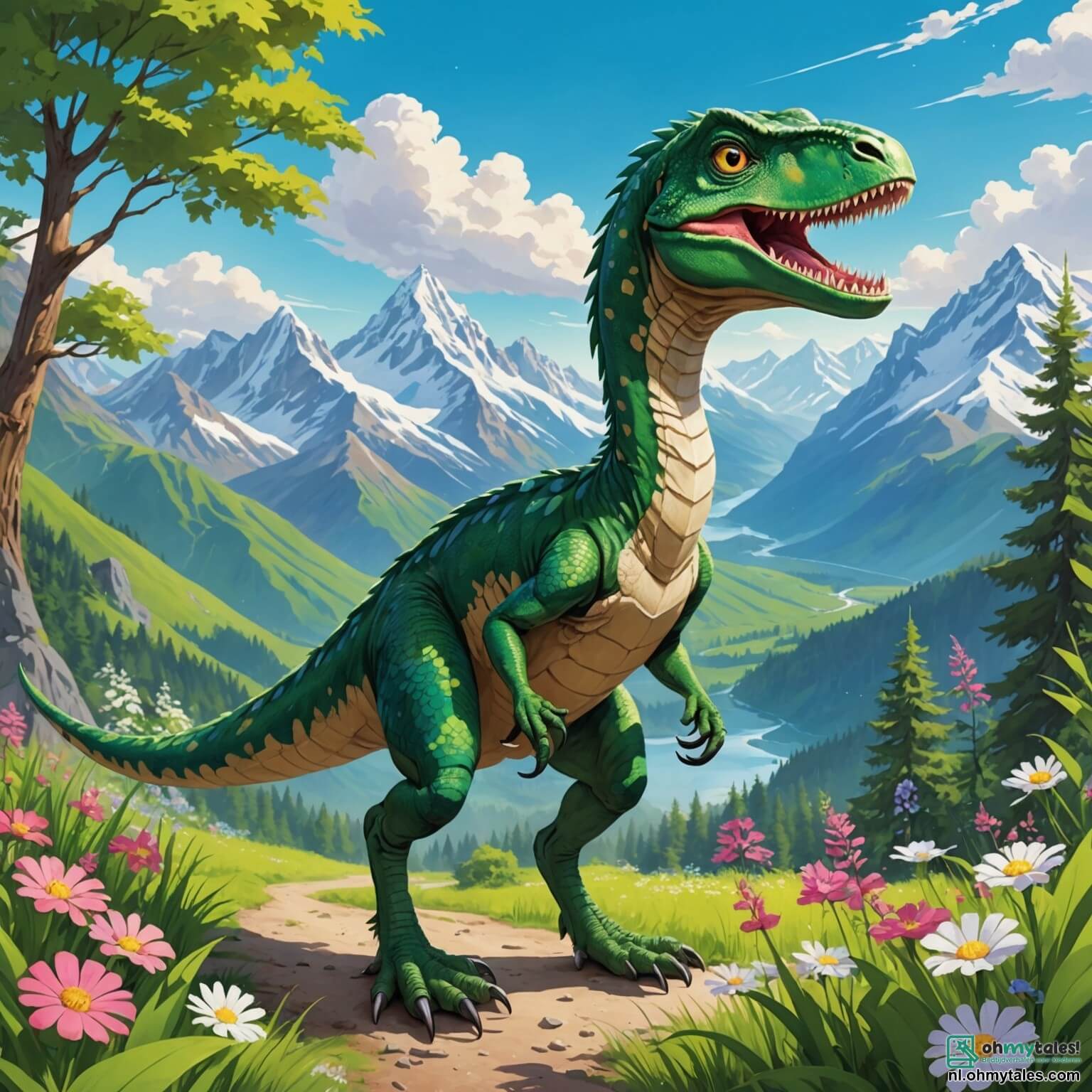 Une illustration destinée aux enfants représentant un vélociraptor aux écailles vertes éclatantes, avec des yeux pétillants de curiosité et une longue queue qui s'agite joyeusement, se lançant dans une aventure palpitante au cœur d'une vallée enchanteresse, entourée de majestueuses montagnes aux sommets enneigés, de forêts luxuriantes où les arbres dansent au gré du vent, et de fleurs multicolores qui embaument l'air de doux parfums, tout en étant accompagné de ses fidèles amis, un triceratops au regard amical et une stegosaurus pleine de sagesse, alors qu'ils découvrent ensemble les merveilles de la nature et surmontent des défis inattendus, comme la rencontre avec un redoutable T-rex, le tout dans un monde préhistorique vibrant de vie et de magie.