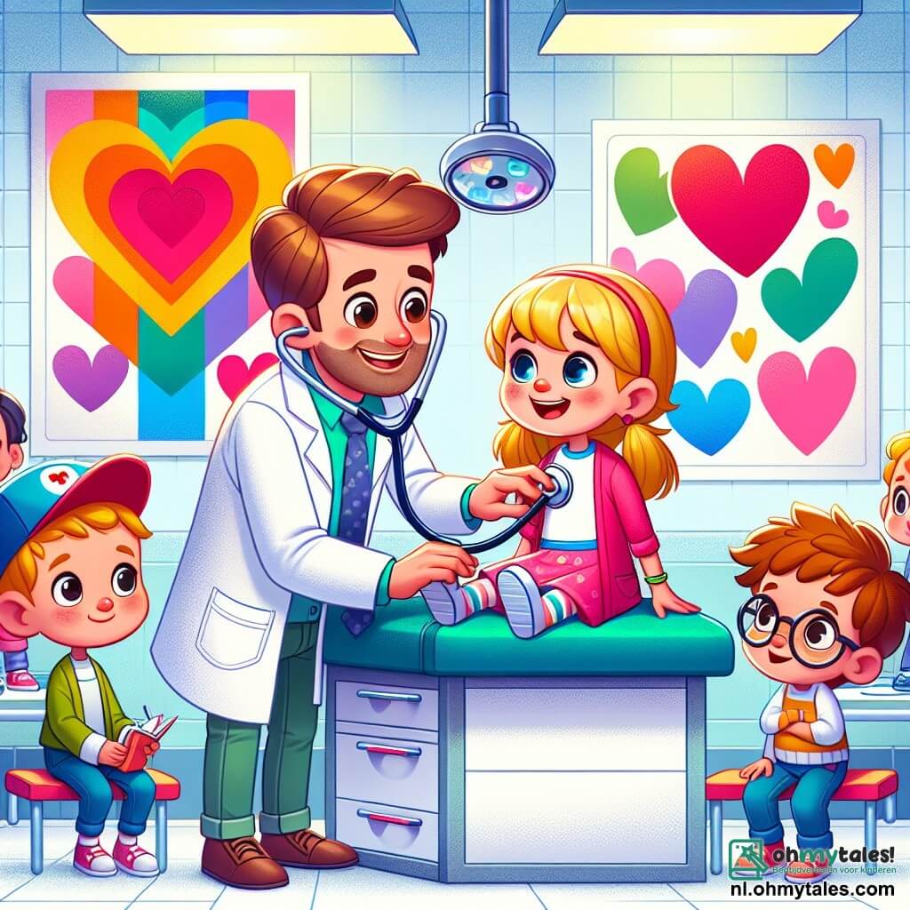Une illustration sous forme de dessin destinée aux enfants représentant une salle de consultation lumineuse et colorée dans une clinique, où un homme souriant avec des cheveux bruns et une blouse blanche, tenant une stéthoscope, écoute le cœur d'une petite fille aux cheveux blonds et à la robe rose, entourée de ses camarades de classe, un garçon avec une casquette rouge et un autre garçon aux lunettes, tous curieux et émerveillés par la scène, tandis qu'un grand poster coloré sur le mur montre des cœurs et des sourires, illustrant l'importance de la santé et de l'amitié.