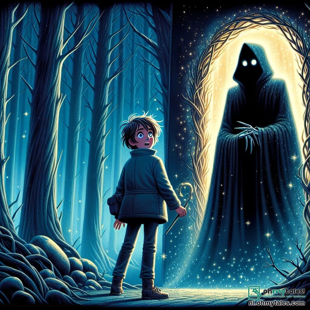 Une illustration sous forme de dessin destinée aux enfants représentant une forêt sombre et mystérieuse, où un garçon de 11 ans aux cheveux ébouriffés et aux yeux brillants d'excitation se tient devant une glinsterende porte faite de branches et de pierres scintillantes, tandis qu'une silhouette imposante, vêtue d'une longue cape noire, l'observe avec un regard à la fois menaçant et intrigué, illustrant le moment où le jeune garçon, rempli de courage, se prépare à entrer dans un monde inconnu pour affronter ses peurs et découvrir la vérité sur les ombres qui hantent cette dimension.