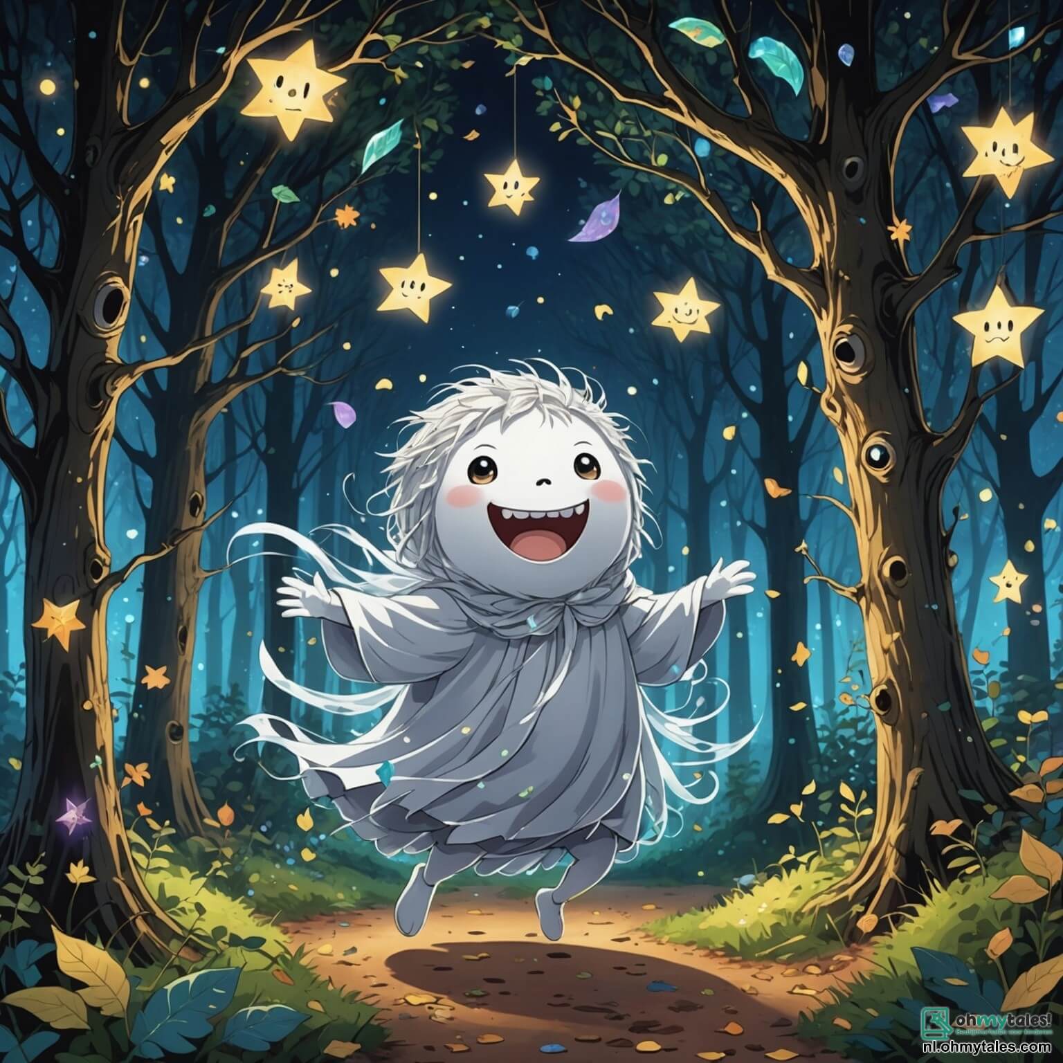 Une illustration destinée aux enfants représentant un fantôme espiègle, avec une peau translucide scintillante comme des étoiles dans la nuit, des yeux pétillants de malice et un sourire contagieux, flottant joyeusement dans une forêt enchantée où les arbres aux troncs noueux et aux feuilles chatoyantes dansent au rythme du vent, entouré de créatures rigolotes comme un hérisson aux épines en forme de confettis et un lapin aux grandes oreilles colorées, tous unis dans une quête hilarante pour organiser un grand festin de rires et de jeux, tandis que le soleil couchant projette des ombres dansantes sur le sol tapissé de fleurs multicolores et de champignons souriants.
