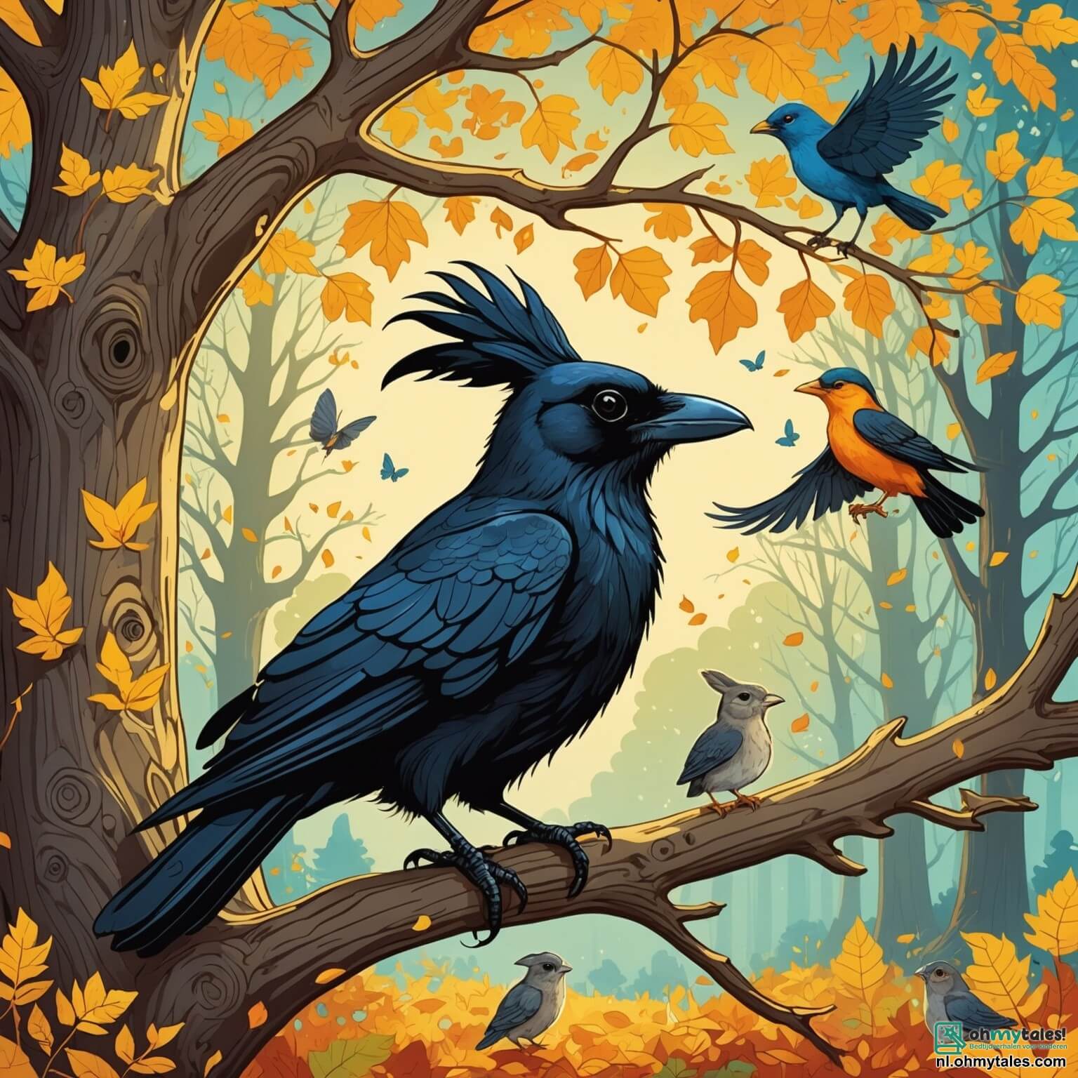 Une illustration destinée aux enfants représentant un corbeau espiègle aux plumes noires étincelantes, perché sur une branche d'un vieux chêne majestueux aux feuilles dorées, se préparant à partir à l'aventure dans une forêt enchantée où les rayons du soleil filtrent à travers les feuillages, illuminant un tapis de fleurs colorées et de champignons rigolos, accompagné de ses amis, un lapin curieux aux grandes oreilles et une écureuil malicieuse, tous deux impatients de découvrir une mystérieuse carte au trésor cachée sous un rocher recouvert de mousse, promettant des éclats de rire et des surprises à chaque tournant de leur quête.