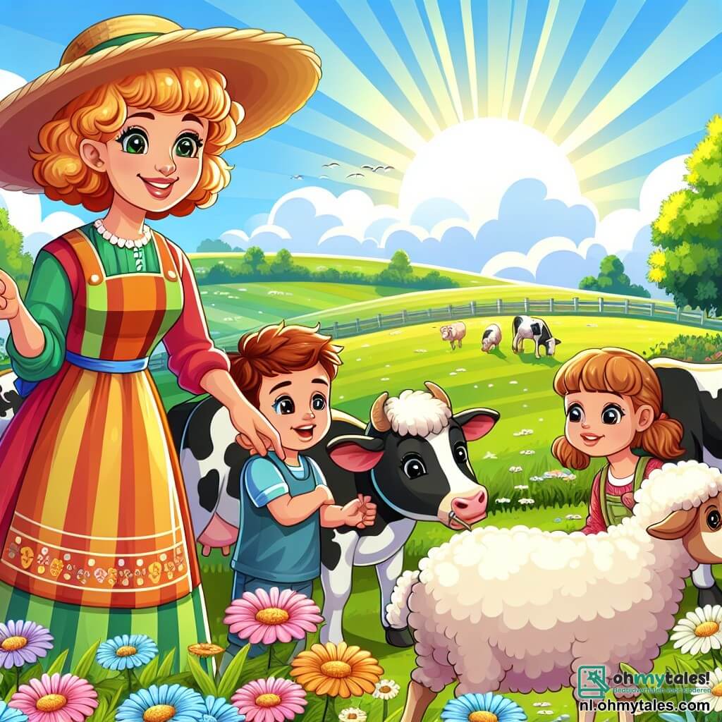 Une illustration sous forme de dessin destinée aux enfants représentant une ferme ensoleillée avec des champs verdoyants et des fleurs colorées, où une femme joyeuse aux cheveux châtains, portant une robe colorée et un grand chapeau de paille, est en train de nourrir des vaches avec des enfants, un garçon aux cheveux blonds et une fille aux cheveux bruns, qui l'observent avec émerveillement, tandis qu'un mouton curieux s'approche d'eux, capturant l'esprit d'une journée amusante et éducative à la ferme.