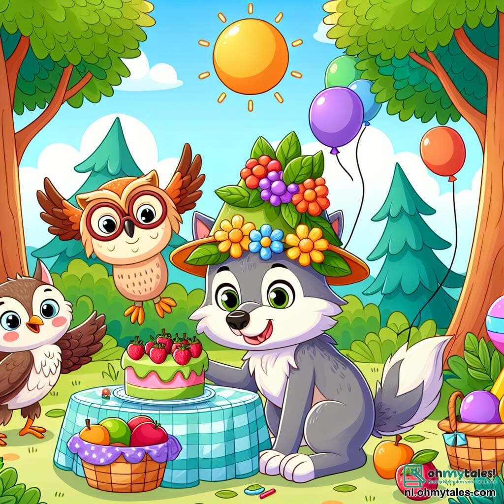 Une illustration sous forme de dessin destinée aux enfants représentant une clairière ensoleillée au bord d'une forêt, où un loup au pelage doux et coloré, portant une grande et joyeuse chapeau fait de feuilles et de fleurs, s'affaire à décorer une table avec des fruits et des ballons, tandis qu'une sage chouette aux plumes brillantes et une joyeuse écureuil aux yeux pétillants l'aident en apportant des mets délicieux, tous préparant ensemble une fête d'anniversaire pleine de rires et de surprises.