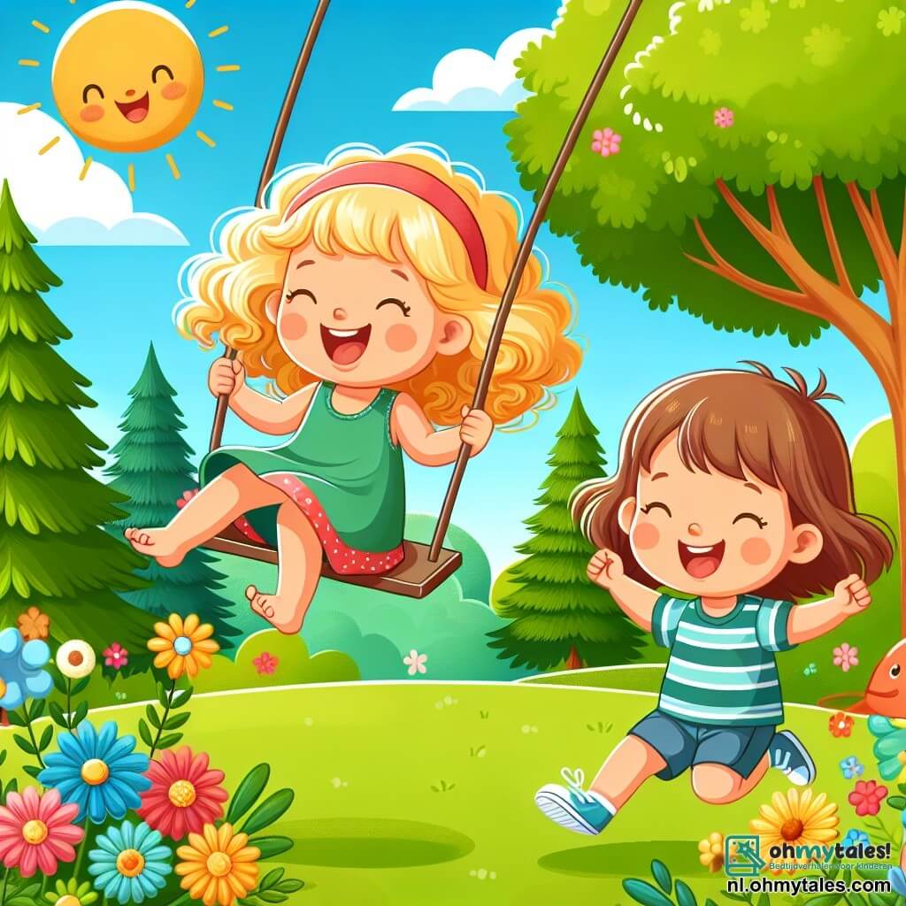Une illustration sous forme de dessin destinée aux enfants représentant un parc verdoyant en été, avec une petite fille de 3 ans aux cheveux bouclés et blonds, vêtue d'une robe colorée, riant aux éclats alors qu'elle se balance haut dans les airs sur une balançoire, tandis qu'une autre petite fille de 3 ans aux cheveux bruns et lisses, portant un t-shirt à rayures, s'apprête à lui lancer une balle, entourées de fleurs colorées et d'arbres majestueux sous un ciel bleu éclatant.