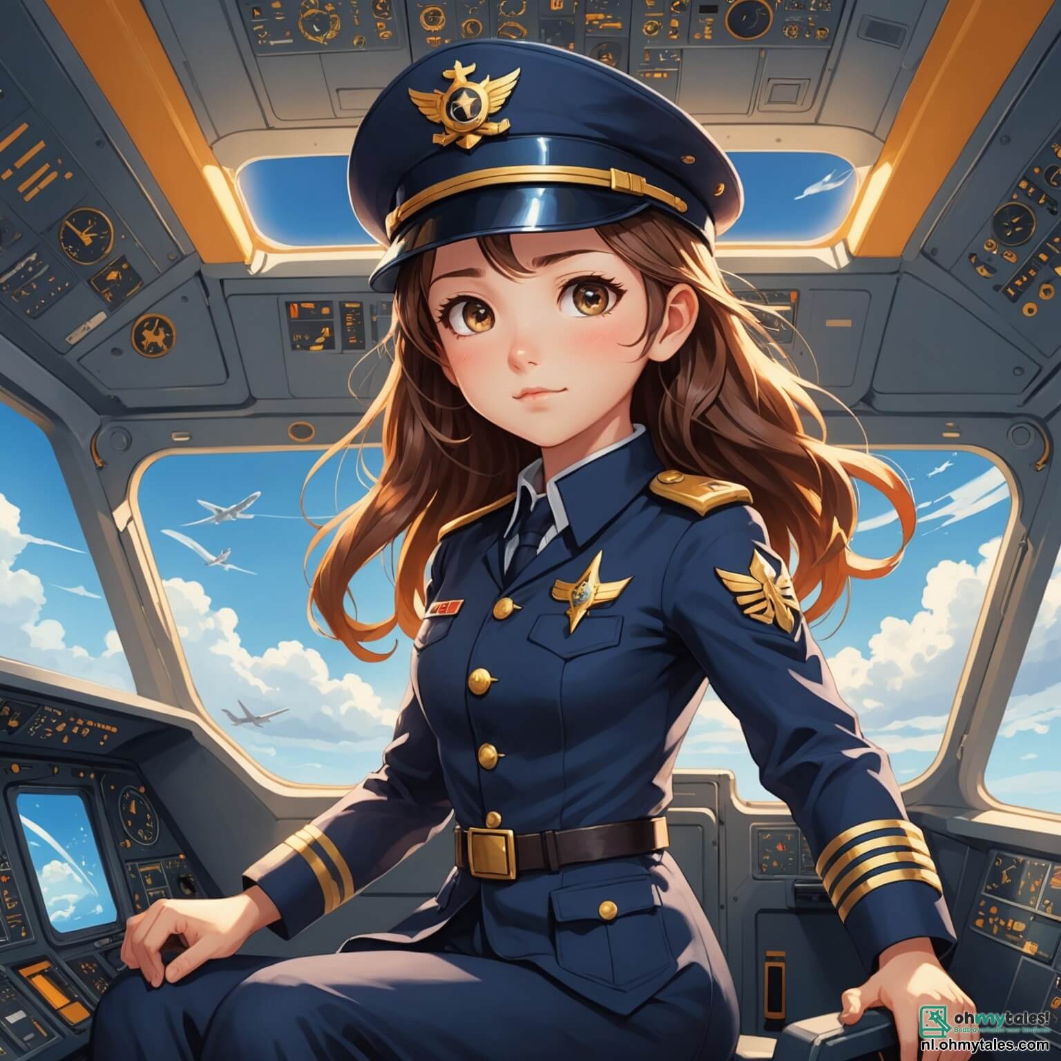 Une illustration destinée aux enfants représentant une femme pilote intrépide, aux cheveux flottants comme des nuages dans le vent, vêtue d'un uniforme bleu marine et d'une casquette ornée d'un insigne doré, se tenant fièrement dans la cabine d'un grand avion scintillant sous le soleil, entourée de ses instruments brillants et colorés, tandis qu'une petite fille aux yeux pétillants d'émerveillement, assise dans le cockpit, rêve de voler un jour comme elle, le tout se déroulant sur une aéroport animé, où les avions décollent et atterrissent dans un ballet aérien, et où les passagers, impatients et joyeux, se pressent dans le hall lumineux, rempli de couleurs vives et de l'odeur du café fraîchement préparé.