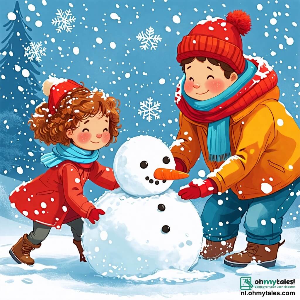 Une illustration sous forme de dessin destinée aux enfants représentant un paysage hivernal féerique avec une épaisse couche de neige scintillante, au centre une petite fille de 2 ans aux cheveux bouclés et aux joues roses, joyeusement en train de rouler une grosse boule de neige pour construire un bonhomme de neige, tandis qu'un homme et une femme, les parents de l'enfant, sourient et l'aident, le père portant un bonnet rouge et une écharpe, et la mère vêtue d'un manteau coloré, tous entourés de flocons de neige tombant doucement du ciel.