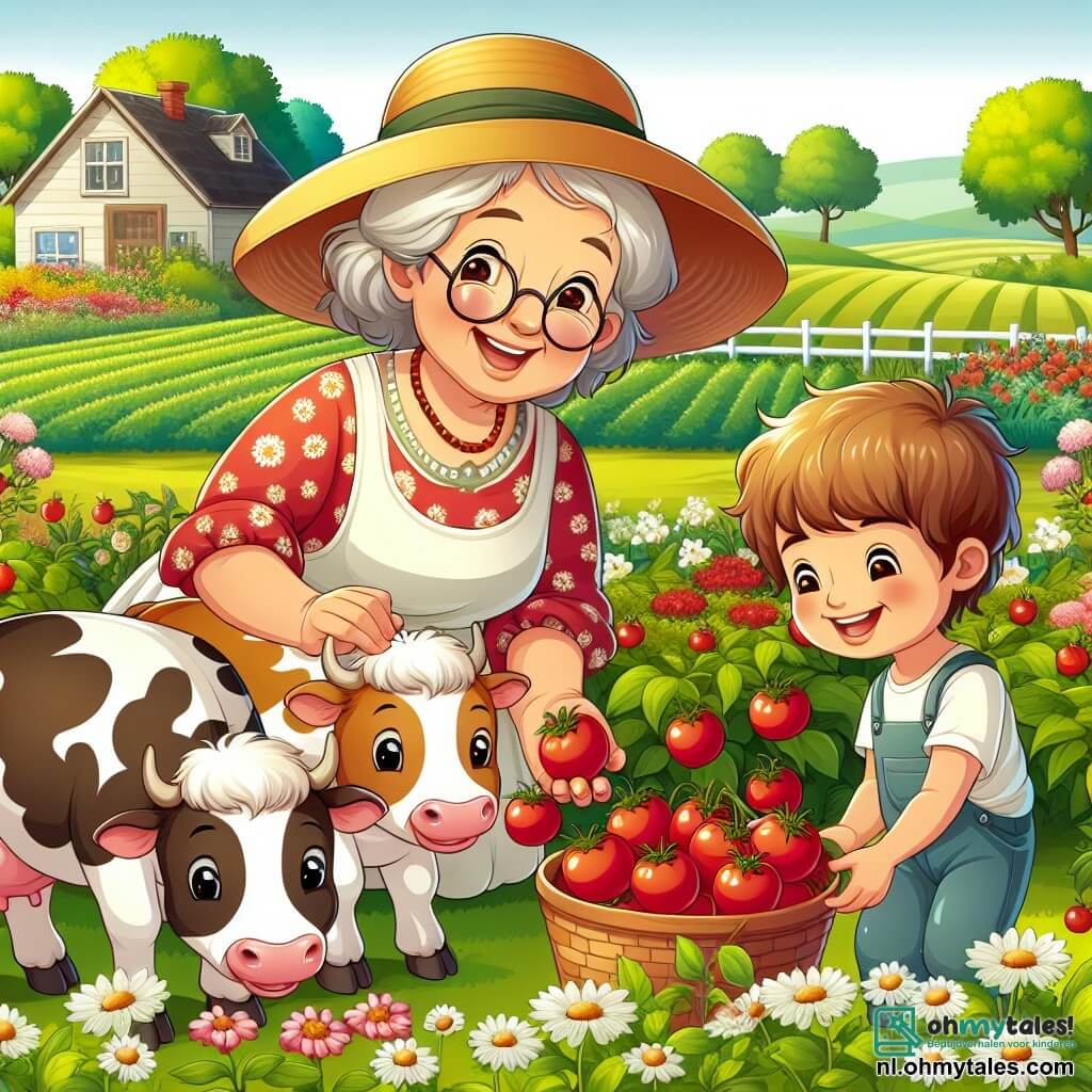 Une illustration sous forme de dessin destinée aux enfants représentant une charmante ferme ensoleillée avec de vastes champs verdoyants et des fleurs colorées, où une femme âgée au grand chapeau de paille et au sourire chaleureux nourrit des vaches brunes et blanches, tandis que deux enfants, une fille aux cheveux bouclés et une grande nœud rose, et un garçon aux cheveux courts et rieurs, l'aident joyeusement à ramasser des tomates rouges dans un jardin luxuriant, illustrant ainsi l'harmonie entre les humains et la nature dans un cadre rural accueillant.