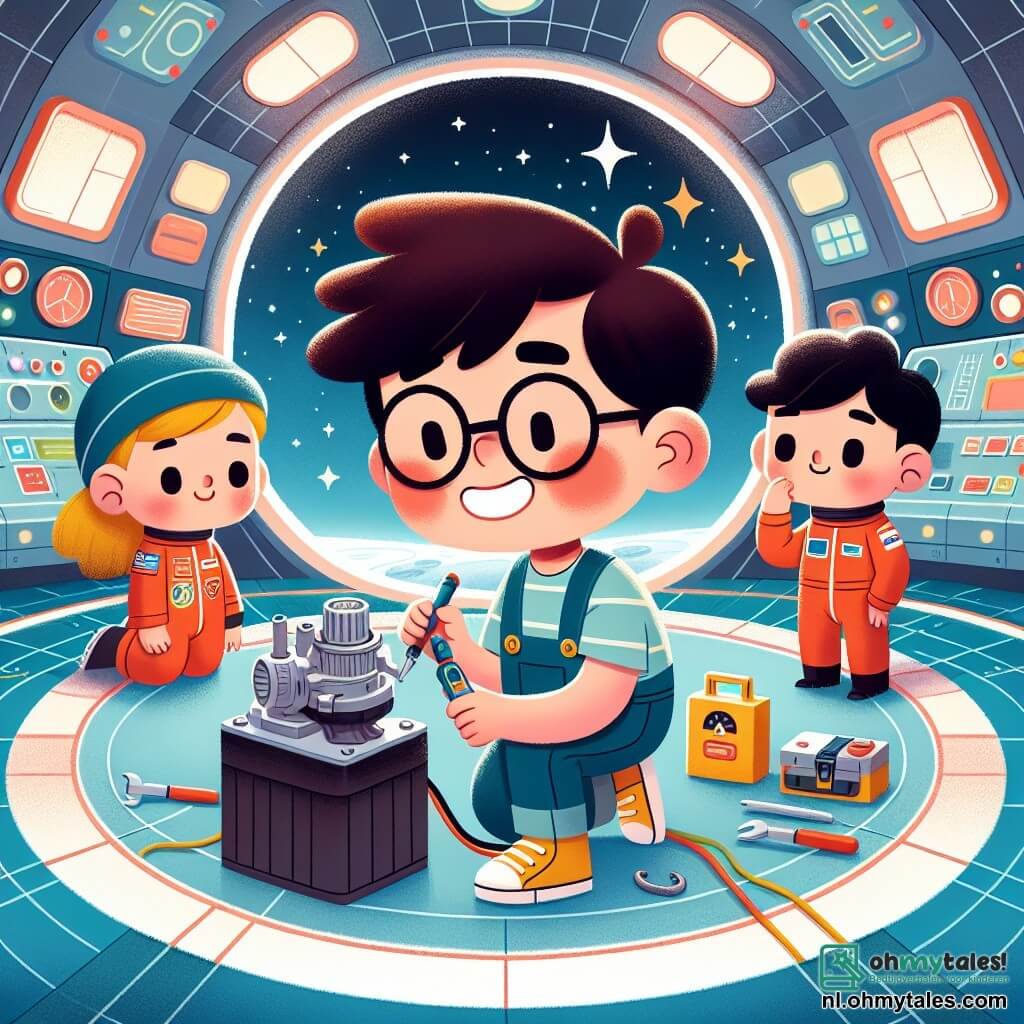 Une illustration sous forme de dessin destinée aux enfants représentant un espace lumineux et coloré à l'intérieur d'un centre spatial sur la lune, avec un jeune homme aux cheveux bruns et à lunettes épaisses, souriant et en train de réparer un moteur avec des outils, tandis qu'une jeune fille aux cheveux blonds et une casquette bleue observe avec curiosité, et un garçon aux cheveux noirs et une combinaison spatiale rouge tient une lampe de poche, tous trois entourés de panneaux de contrôle futuristes et de fenêtres donnant sur un ciel étoilé.