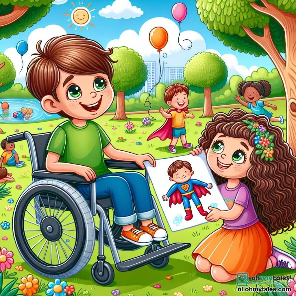 Une illustration sous forme de dessin destinée aux enfants représentant un parc ensoleillé avec des arbres verdoyants et des fleurs colorées, où un garçon de 7 ans aux cheveux châtains et aux yeux pétillants, assis dans un fauteuil roulant, sourit joyeusement en tenant un dessin de super-héros, tandis qu'une fille de son âge, avec de grandes boucles brunes, se penche pour lui montrer fièrement son propre dessin, entourés de ballons flottants et d'autres enfants jouant en arrière-plan, symbolisant l'amitié et la force face à la maladie.