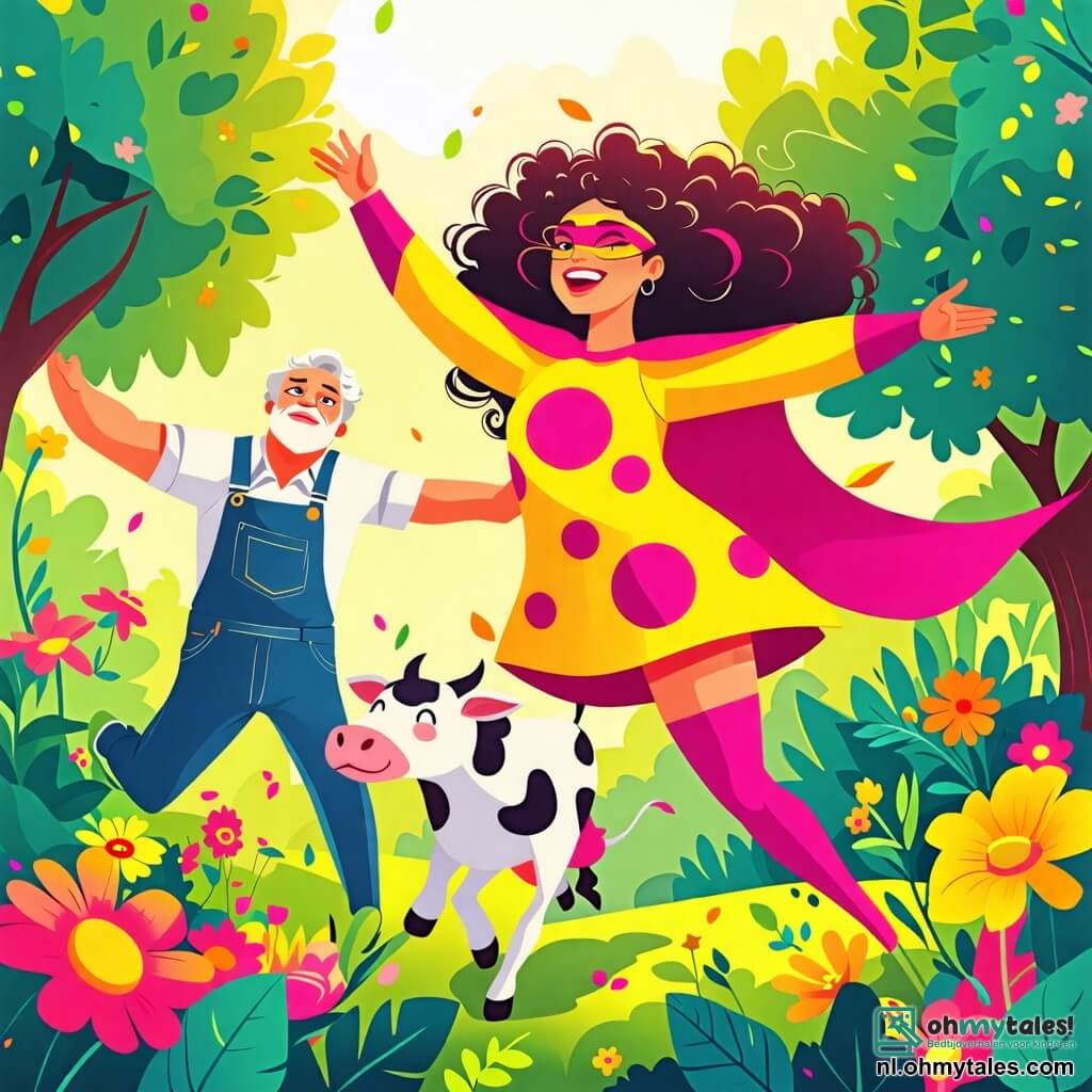 Illustratie van een kleurrijke scène in een zonnig park, vol met stralende bloemen en groene bomen. In het midden staat een superheldin, een vrouw met krullend en glanzend haar, gekleed in een felgele outfit met grote roze vlekken en een wapperende cape die lijkt te dansen in de wind. Ze glimlacht vrolijk terwijl ze haar armen omhoog steekt, alsof ze net een ongelooflijke prestatie heeft geleverd. Naast haar rent een middelbare man, met een bezorgde uitdrukking en grijs haar, in een boerenoverall. Hij rent rond een komische dansende koe, met opgetilde poten en een verraste blik. De zwart-witte koe lijkt zich te vermaken, wat een humoristische toets aan de scène toevoegt. De hoofdactie toont de superheldin die haar krachten gebruikt om de dieren in het park te kalmeren, terwijl kinderen om hen heen lachen en applaudisseren, verwonderd door het spektakel. Glitters en fonkelende sterren zweven in de lucht, wat een magische sfeer aan de illustratie toevoegt.