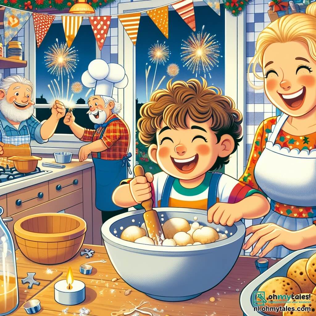 Une illustration sous forme de dessin destinée aux enfants représentant une joyeuse cuisine décorée pour le Nouvel An, avec un garçon de 4 ans aux cheveux bruns et bouclés, portant une chemise colorée, qui s'illumine de joie en mélangeant de la pâte à oliebollen dans un grand bol, tandis que sa maman, une femme souriante aux cheveux blonds attachés, et un voisin jovial avec une barbe grise, préparent des feux d'artifice à l'extérieur, créant une atmosphère festive et chaleureuse, remplie de rires et de l'odeur sucrée des friandises.