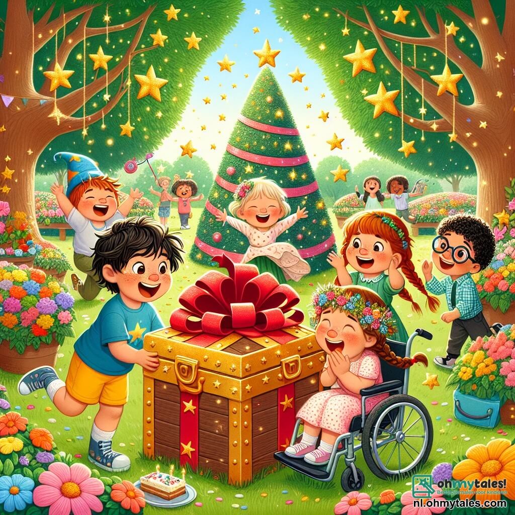 Illustratie van een vrolijke scène in een zonnig park, vol kleurrijke bloemen en grote bomen met groene bladeren. In het midden staat een groep kinderen rondom een grote kist versierd met glinsterende gouden sterren en een grote rode strik. Een jongen van ongeveer 8 jaar met rommelig bruin haar, in een blauwe t-shirt en gele short, opent de kist met een grote verwonderde glimlach. Naast hem springt een 7-jarig meisje met gevlochten blond haar, gekleed in een roze jurk met witte stippen, blij met opgeheven armen. Een andere jongen van ongeveer 9 jaar, met een bril en zwart haar, zit in een rolstoel, lacht en houdt een stuk taart vast. Tot slot is er een 6-jarig meisje met rossig krullend haar, dat een bloemenkrans draagt en enthousiast applaudisseert. De scène is gevuld met magie, terwijl glinsterende sterren uit de lucht vallen en een feeërieke sfeer creëren. Op de achtergrond spelen en lachen vrienden, terwijl een grote tafel vol kleurrijke taarten en zwevende ballonnen staat. De sfeer is feestelijk en vol geluk, wat de geest van een onvergetelijke verjaardag vastlegt.