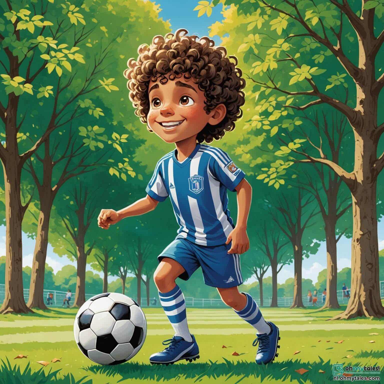 Une illustration destinée aux enfants représentant un jeune garçon aux cheveux bouclés et aux yeux pétillants, vêtu d'un maillot de football rayé bleu et blanc, dribblant avec enthousiasme sur un terrain verdoyant bordé d'arbres majestueux aux feuilles éclatantes sous le soleil, tandis qu'il rêve de devenir un grand joueur comme son idole, un homme célèbre aux pieds agiles, tout en étant encouragé par sa meilleure amie, une petite fille aux couettes dorées, qui l'applaudit avec un sourire radieux, le tout se déroulant dans un parc animé où d'autres enfants jouent et rient autour d'eux.