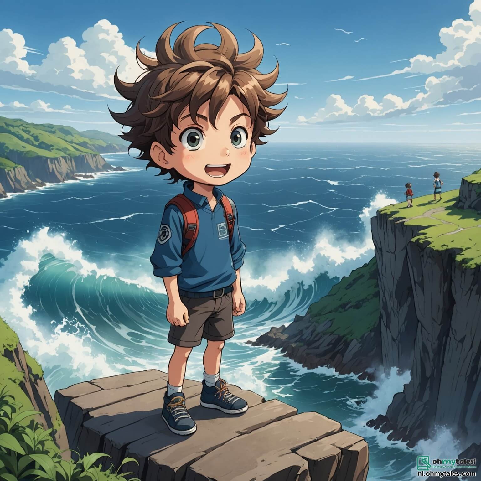 Une illustration destinée aux enfants représentant un garçon intrépide aux cheveux ébouriffés et aux yeux pétillants de malice, se tenant au bord d'une falaise escarpée surplombant un océan tumultueux aux vagues déchaînées, prêt à relever le défi impossible de sauter d'une hauteur vertigineuse pour atteindre une île mystérieuse où l'attend une légende oubliée, tandis qu'à ses côtés, sa meilleure amie, une fille courageuse aux tresses dorées et au sourire déterminé, l'encourage avec des cris d'excitation, et un vieux sage, un homme à la barbe blanche et aux yeux sages, observe de loin, assis sur un rocher recouvert de mousse, prêt à offrir des conseils précieux pour surmonter les obstacles qui se dresseront sur leur chemin.