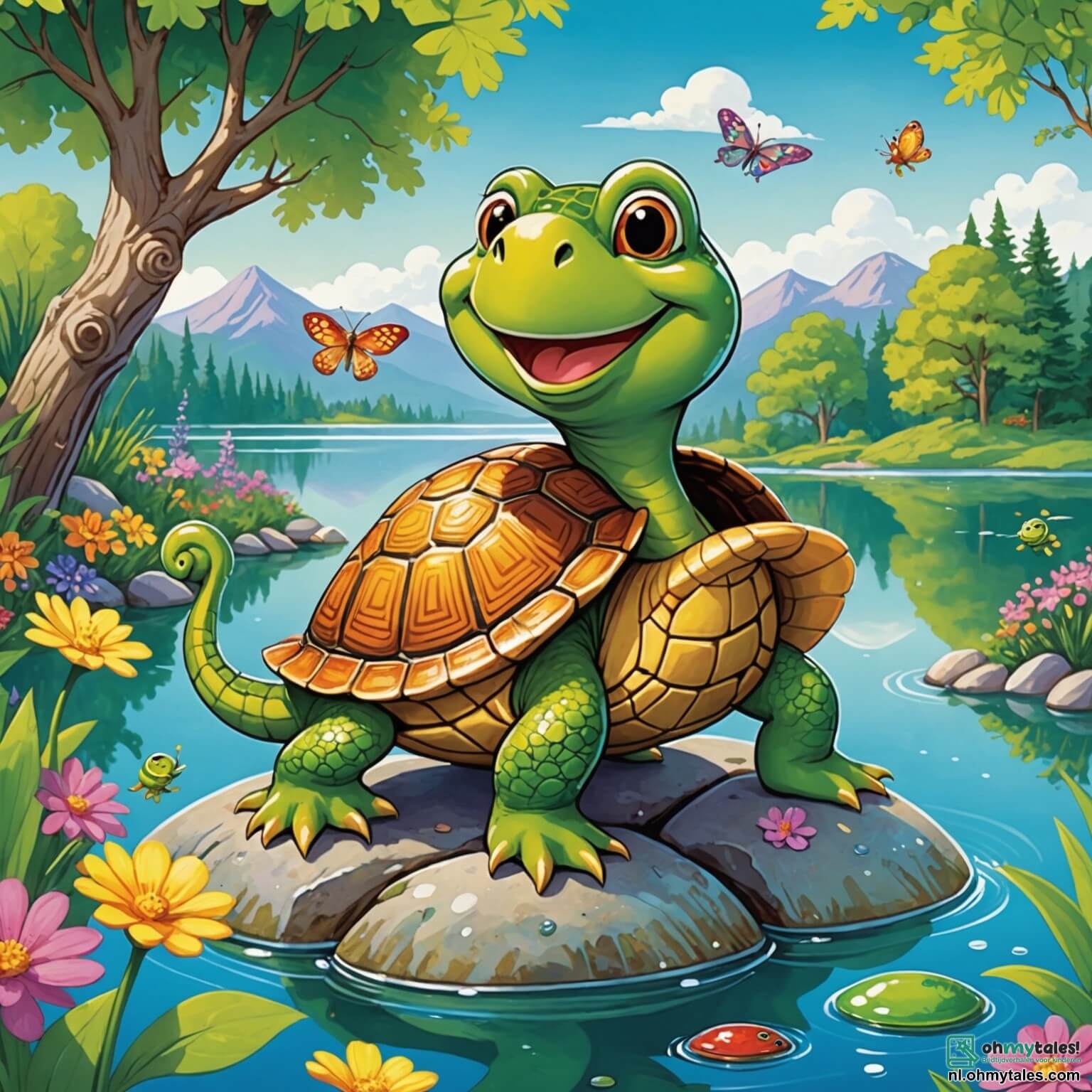 Une illustration destinée aux enfants représentant une tortue au sourire malicieux, avec un carapace éclatante de vert et des yeux pétillants de curiosité, se tenant sur une grande pierre lisse au bord d'un lac scintillant, entourée de ses amis, une petite souris aux poils soyeux et une grenouille aux couleurs vives, tous trois s'apprêtant à organiser une talentueuse et hilarante représentation au milieu d'un décor enchanteur de fleurs colorées, d'arbres majestueux aux feuilles dansantes et de rayons de soleil filtrant à travers les branches, créant une atmosphère joyeuse et pleine de vie.