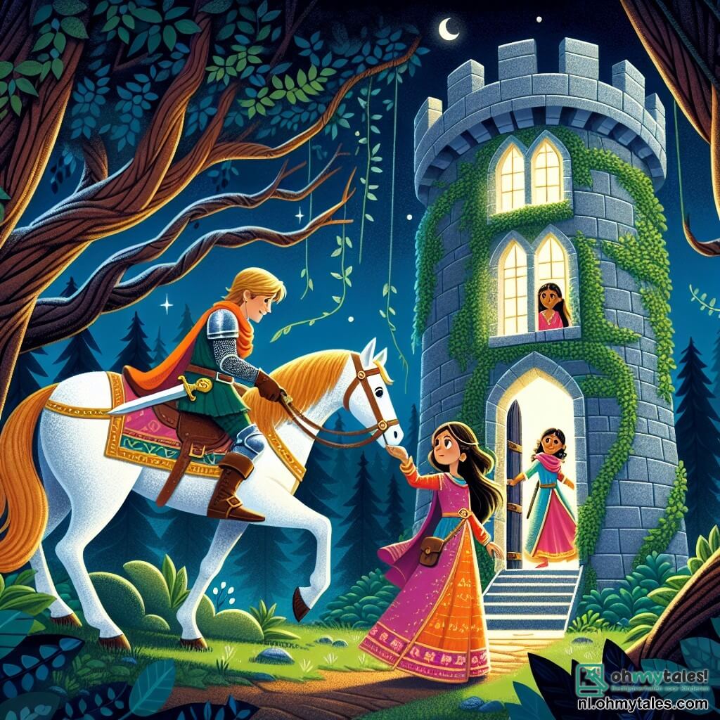 Une illustration sous forme de dessin destinée aux enfants représentant une haute tour ancienne recouverte de lierre, située dans une forêt sombre et mystérieuse, avec une chevaleresse courageuse aux cheveux longs et dorés, portant une armure brillante et tenant un épée, qui aide une princesse aux robes colorées et aux cheveux châtains à descendre prudemment d'une fenêtre, tandis qu'un cheval blanc au regard doux attend en bas, le tout baigné dans une lumière douce et magique, symbolisant l'aventure et l'amitié.