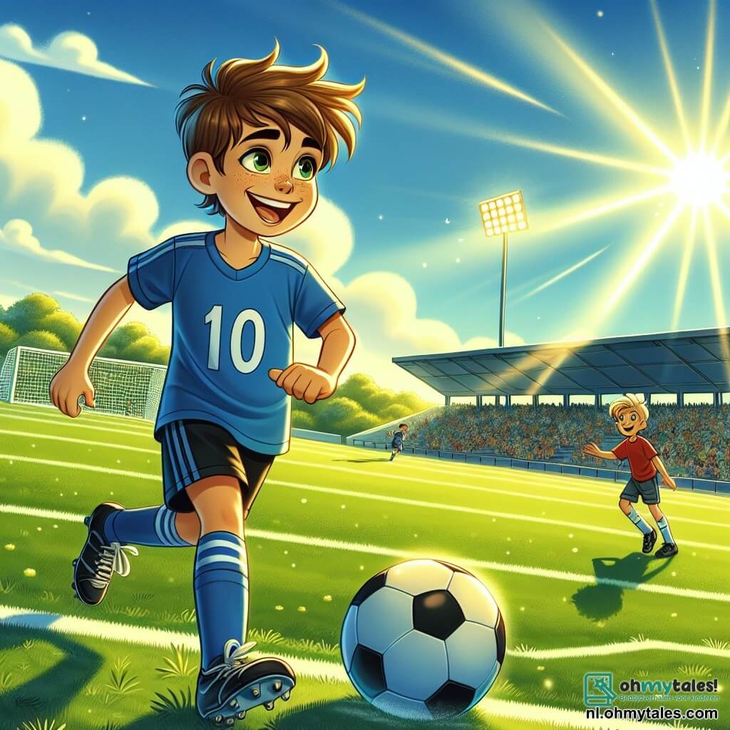 Illustratie van een uitgestrekt, groen voetbalveld, verlicht door het gouden licht van een zonnige middag. De lucht is helderblauw met enkele donzige, witte wolken, terwijl de witte lijnen van het veld perfect zijn getrokken en de doelen trots aan beide uiteinden staan. In het midden van de afbeelding staat een jonge man van ongeveer achttien jaar met rommelig bruin haar en een stralende glimlach, gekleed in een blauw shirt met het nummer 10 op de rug. Hij is in volle actie, dribbelend met de bal, zijn benen gebogen en zijn ogen gericht op het doel. Zijn uitdrukking is vastberaden, wat zijn passie voor voetbal weerspiegelt. Dichtbij zit een elfjarige jongen met blond haar en sprankelende ogen, die met bewondering toekijkt. Hij draagt een rode t-shirt en zwarte shorts, met zijn armen over elkaar en zijn gezicht verlicht door een verwonderde glimlach. Hij zit aan de rand van het veld, klaar om zijn vriend aan te moedigen. De scène vangt de energie en opwinding van een speelmoment, met de voetbal die over het groene gras rolt en vage toeschouwers op de achtergrond die applaudisseren en aanmoedigen. Gouden bladeren vallen zachtjes om hen heen, wat een vleugje magie toevoegt aan deze mooie voetbaldag.