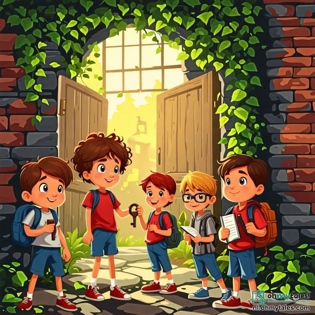 Illustratie van een scène in een oude school, met muren van oude bakstenen bedekt met klimop, stoffige ramen die een gedempt licht binnenlaten, en een versleten houten deur die naar een mysterieuze kelder leidt. Op de voorgrond vier kinderen van 11 jaar: een jongen met bruin, krullend haar, in een rode t-shirt en blauwe shorts, die een oude, verroeste sleutel in zijn hand houdt met een vastberaden blik; een jongen met blond, kort haar, die een bril draagt en een gestreepte vest, die met een opgewonden glimlach aantekeningen maakt in een notitieboek; een jongen met kastanjebruin haar, een beetje verlegen, in een grijze hoodie, die nieuwsgierig om zich heen kijkt; en een meisje met lang, zwart haar, in een bloemenjurk, die met verwondering naar een oude houten deur wijst. De hoofdscène toont de kinderen die een mysterieuze deur in de kelder ontdekken, omringd door oude spullen en spinnenwebben, met dansende schaduwen op de muren, wat de verborgen geheimen van de school symboliseert. Extra grafische elementen zijn oude boeken die verspreid over de vloer liggen, een zaklamp die de scène verlicht, en lichtstralen die door de kieren van de deur filteren, wat een intrigerende en magische sfeer aan de illustratie toevoegt.