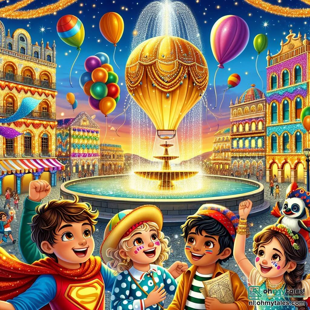 Illustratie van een levendige scène van een druk carnaval op een groot plein, omringd door kleurrijke gebouwen versierd met lichtslingers en zwevende ballonnen. In het midden schittert een grote fontein onder de ondergang van de zon, met waterstralen die dansen in de lucht.

Een jongen van ongeveer 10 jaar, met rommelig bruin haar en een grote glimlach, draagt een superheldenkostuum met een rode cape die in de wind waait. Naast hem staat een meisje van ongeveer 9 jaar, met gevlochten blond haar en een blije uitstraling, verkleed als clown, met een rode neus en kleurrijke stippenkleding. Een andere jongen van 11 jaar, met zwart haar en een piratenbandana, houdt een schatkaart vast, vastberaden. Tot slot kijkt een 10-jarig meisje met krullend haar en een sprankelende prinsessenjurk vol verwondering naar de scène.

De belangrijkste situatie toont de kinderen samen, met opgeheven armen in de lucht van enthousiasme, terwijl ze een prachtige gouden ballon ontdekken die boven de fontein zweeft, omringd door andere kinderen die hen aanmoedigen. Kleurrijke confetti valt uit de lucht, wat bijdraagt aan de feestelijke sfeer, terwijl gelach en muziek de lucht vullen, wat een ambiance van vreugde en vriendschap creëert.