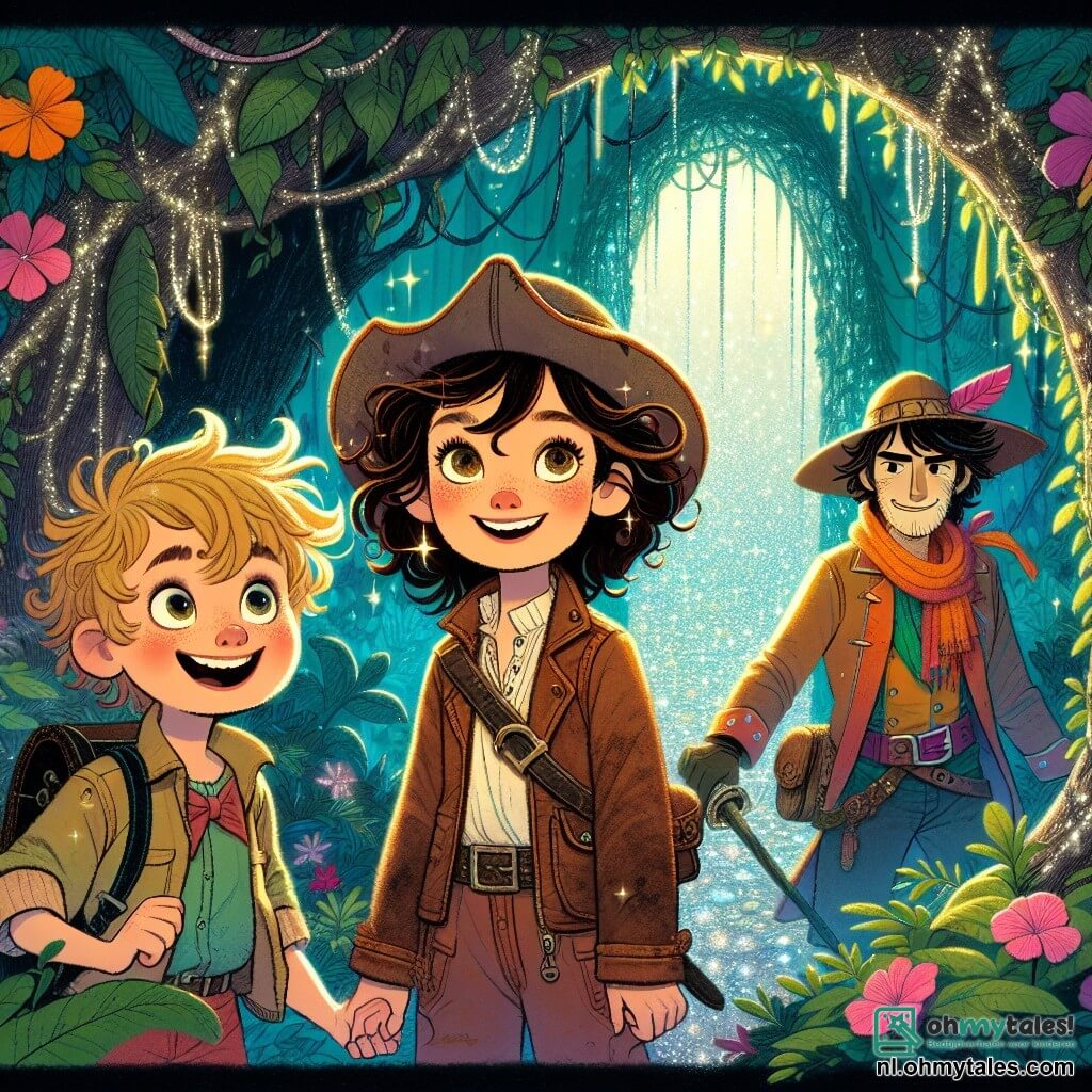 Une illustration destinée aux enfants représentant une jeune exploratrice intrépide aux cheveux bouclés et aux yeux pétillants de curiosité, vêtue d'une veste en cuir usée et d'un chapeau d'aventurier, se tenant fièrement devant l'entrée d'une mystérieuse grotte aux parois scintillantes, entourée de lianes verdoyantes et de fleurs colorées, tandis que son fidèle ami, un garçon au sourire malicieux et aux cheveux ébouriffés, l'encourage avec enthousiasme, et un habitant du bois, un jeune homme au regard sage et à la tenue colorée, les guide avec bienveillance à travers ce monde enchanteur où chaque ombre semble murmurer des secrets oubliés et où chaque écho résonne comme une promesse d'aventure.