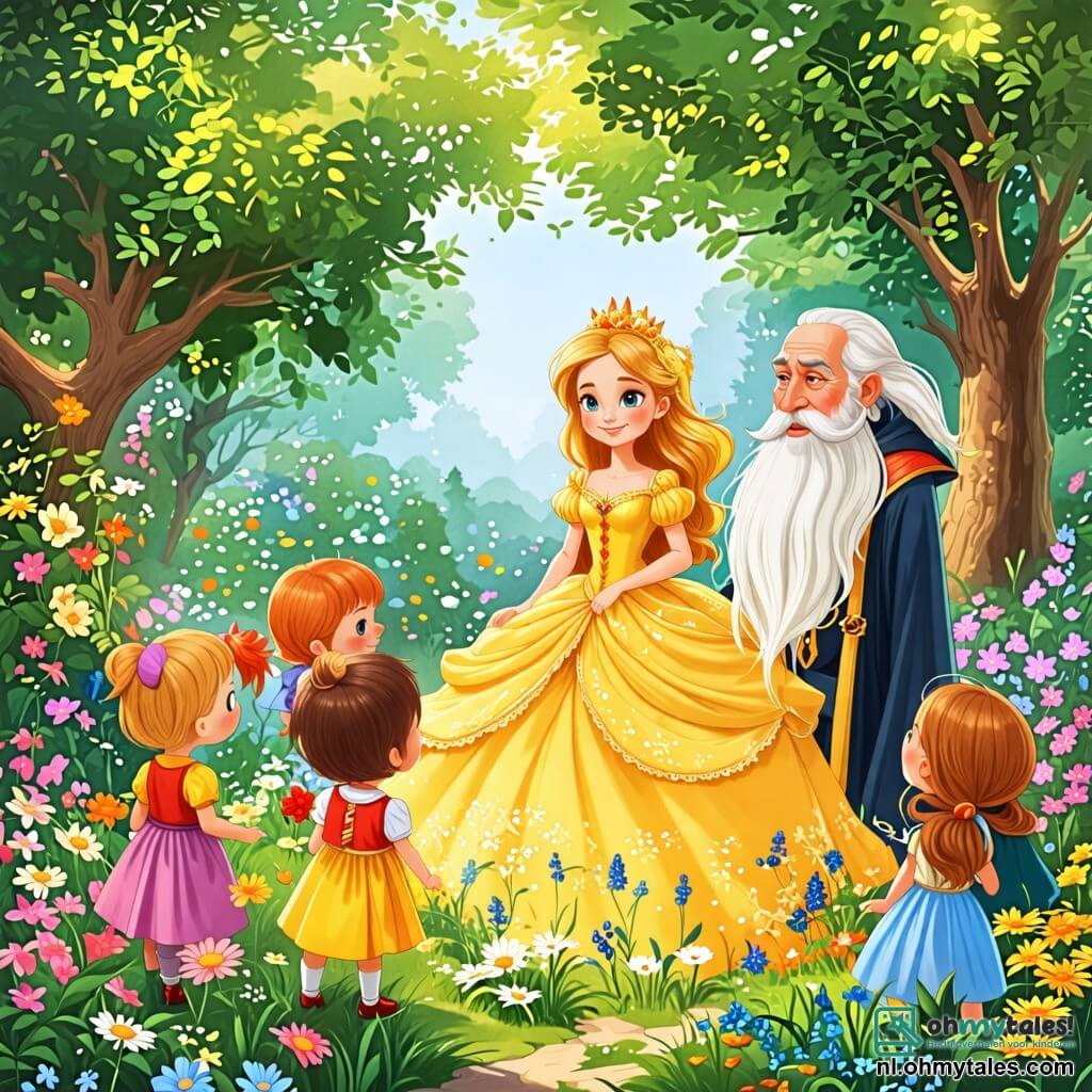 Une illustration sous forme de dessin destinée aux enfants représentant un magnifique jardin enchanté, rempli de fleurs colorées et de grands arbres verdoyants, où une jeune princesse aux cheveux dorés et aux yeux brillants, vêtue d'une robe lumineuse, se tient avec un sourire chaleureux, entourée de plusieurs enfants joyeux aux vêtements colorés qui l'écoutent attentivement, tandis qu'un vieux sorcier à la longue barbe blanche, vêtu d'une robe sombre, observe la scène avec curiosité, illustrant le moment où la princesse inspire les habitants du royaume à travailler ensemble pour créer un monde meilleur.