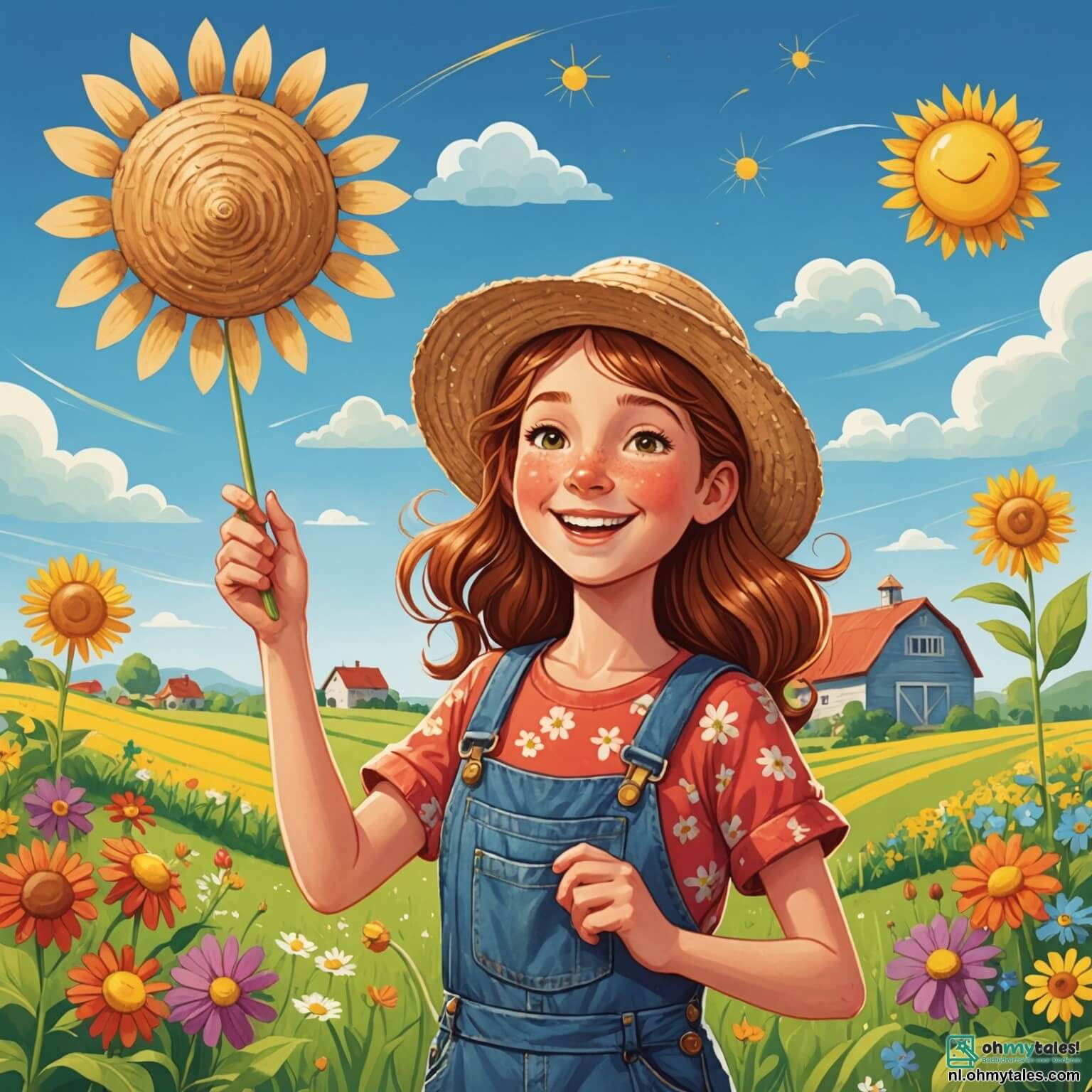 Une illustration destinée aux enfants représentant une femme agricultrice au sourire chaleureux, avec des cheveux châtains flottant au vent, vêtue d'une salopette en denim et d'un chapeau de paille, se tenant fièrement au milieu de sa ferme colorée, entourée de champs verdoyants où des fleurs sauvages dansent sous le soleil éclatant, tandis que des enfants joyeux, un garçon aux yeux pétillants et une fille avec une jolie robe à fleurs, l'aident à nourrir les animaux et à récolter les légumes dans un potager luxuriant, créant ainsi une atmosphère de camaraderie et de découverte au cœur de ce paysage bucolique.