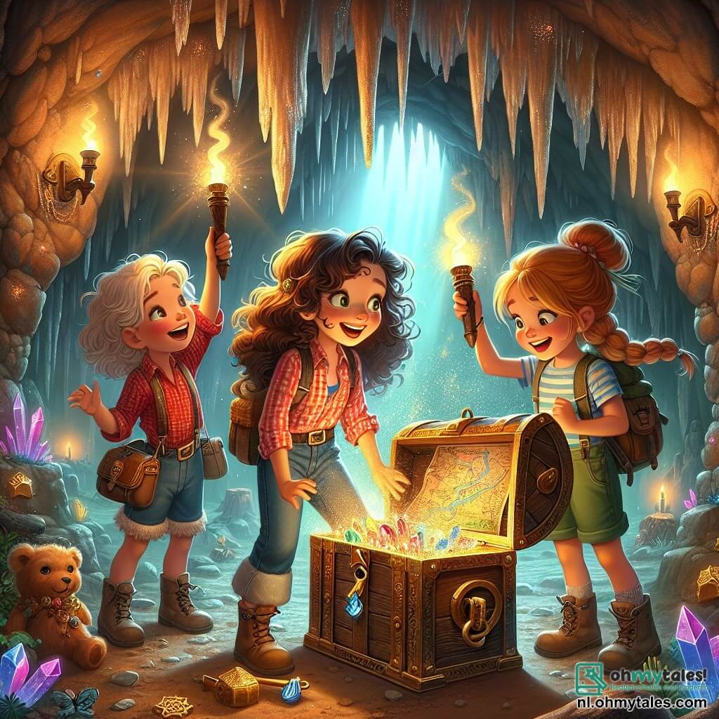 Illustratie die een magische scène binnenin een mysterieuze grot weergeeft. De muren van de grot zijn versierd met schitterende kristallen en oude tekeningen, terwijl schaduwen dansen onder het licht van een fakkel die door de avonturiers wordt vastgehouden. In het midden staat een oude houten kist, bedekt met stof en spinnenwebben, open, met een kleurrijke kaart en fonkelende schatten zichtbaar. Drie kleine avonturiers van ongeveer acht jaar staan rond de kist. De eerste, een meisje met bruin, krullend haar, draagt een rood geruit shirt en een spijkerbroek. Ze heeft een sprankelende blik van opwinding en houdt de gouden sleutel vast die ze net in de kist heeft gestoken. De tweede, een meisje met blond, steil haar, draagt een groene jurk en kijkt verwonderd naar de kaart, haar ogen glinsteren van nieuwsgierigheid. De derde, een meisje met kastanjebruin, gevlochten haar, draagt een blauwe t-shirt en een wandelbroek, glimlacht breed terwijl ze haar vrienden omarmt. De hoofdscène toont de drie vriendinnen die samen de schat van hun avontuur ontdekken, een moment van vreugde en verwondering dat het belang van vriendschap en avontuur symboliseert. Op de achtergrond hangen stalactieten aan het plafond van de grot en een zachte gouden gloed verlicht de scène, wat een betoverende sfeer aan de illustratie toevoegt.