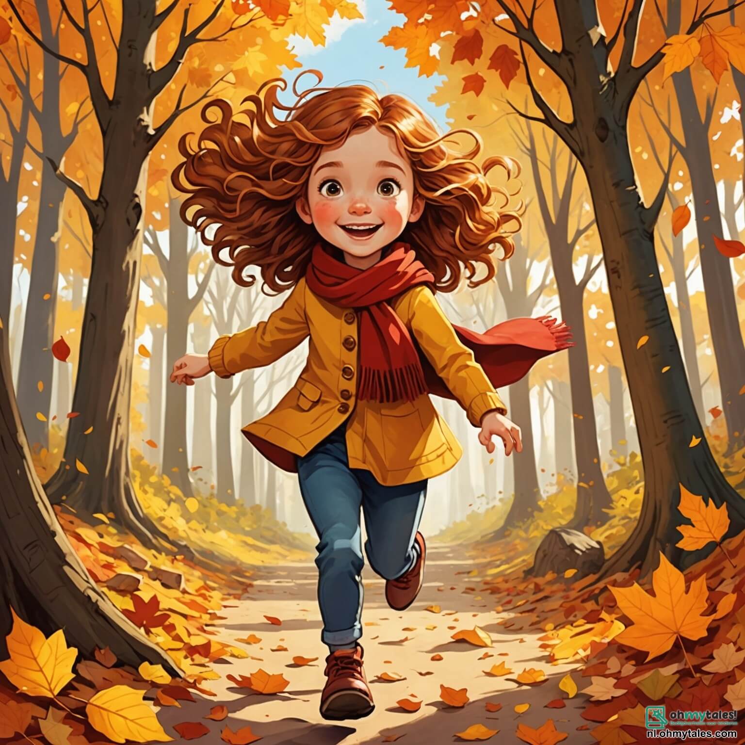 Une illustration destinée aux enfants représentant une petite fille aux cheveux châtains flottants comme des feuilles d'automne, vêtue d'une chaude écharpe rouge, courant avec enthousiasme à travers un magnifique bois où les arbres majestueux se parent de feuilles dorées, oranges et rouges, tandis qu'elle ramasse des trésors de la nature tels que des feuilles colorées et des marrons brillants, accompagnée de son amie joyeuse, une autre fille aux boucles dorées, qui rit en observant une petite écorce espiègle qui grimpe agilement sur une branche, le tout baigné par la lumière douce d'un soleil d'octobre qui filtre à travers les feuillages, créant un tableau enchanteur de camaraderie et de découvertes automnales.