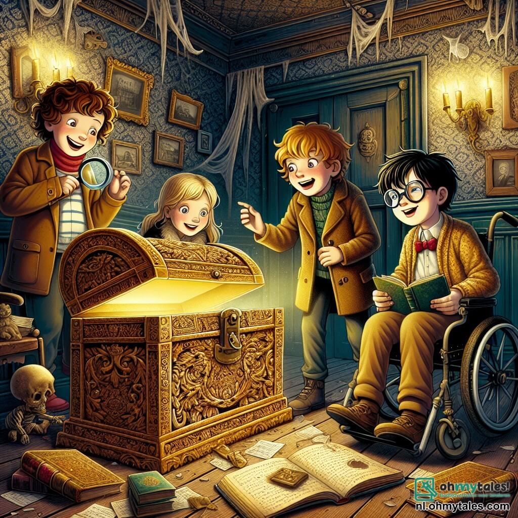 Illustratie van een scène in een oud en mysterieus landhuis. De muren zijn bedekt met vervaagd behang, en spinnenwebben hangen in de hoeken. In het midden van de kamer staat een grote houten kist versierd met oude motieven, die een zachte gouden gloed uitstraalt. In deze scène zijn vier kinderen aanwezig: een jongen met bruin, krullend haar van zeven jaar die met grote ogen naar de kist kijkt, een andere jongen met kastanjebruin haar van eveneens zeven jaar die glimlacht terwijl hij een vergrootglas vasthoudt. Een meisje met blond haar, een bril en een boek onder de arm, observeert aandachtig de details van de kamer, terwijl een klein meisje in een rolstoel met zwart haar en een vastberaden uitdrukking naar de kist wijst, alsof ze een geheim heeft ontdekt. De hoofdscène toont de kinderen, gefascineerd en nieuwsgierig, die een schat van herinneringen ontdekken in de kist, omgeven door een sfeer van avontuur en mysterie. Oude boeken en vergeelde brieven liggen verspreid om hen heen, wat een vleugje geschiedenis aan de illustratie toevoegt.
