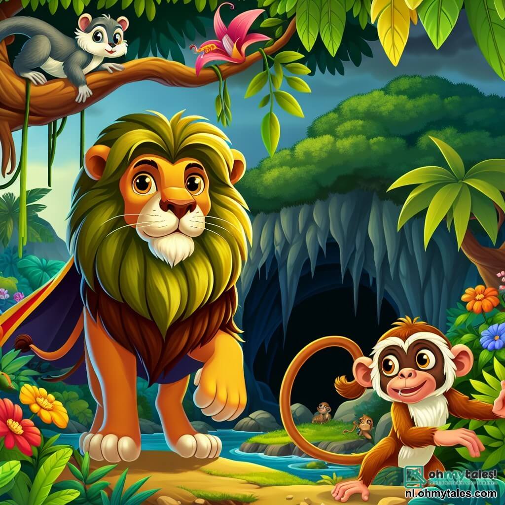 Une illustration sous forme de dessin destinée aux enfants représentant une jungle luxuriante avec des arbres majestueux et des fleurs colorées, où un lion majestueux avec une crinière dorée et des yeux brillants se tient courageusement devant une grotte sombre, tandis qu'un petit tamarin aux yeux malicieux grimpe sur une branche, observant avec curiosité, alors qu'ils se préparent à sauver des animaux piégés par une méchante sorcière, créant une atmosphère d'aventure et de camaraderie.