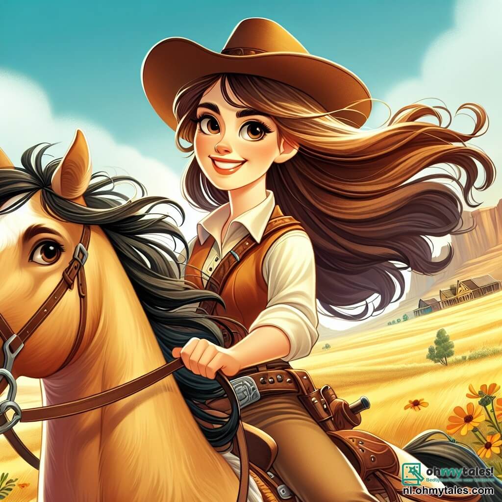 Une illustration destinée aux enfants représentant une courageuse cowgirl aux longs cheveux châtain flottant au vent, avec un sourire éclatant et des yeux pétillants de détermination, chevauchant son fidèle cheval au galop à travers les vastes prairies dorées du Far West, où les fleurs sauvages dansent sous le souffle chaud du vent et où le ciel bleu s’étend à perte de vue, tandis qu’elle se dirige vers le petit village poussiéreux de Dusty Hollow, où son père, un homme robuste au chapeau de cow-boy usé, et sa mère, une femme douce au regard bienveillant, l’attendent anxieusement, alors qu’elle se prépare à affronter une bande de hors-la-loi redoutables qui menacent la paix de leur paisible communauté.