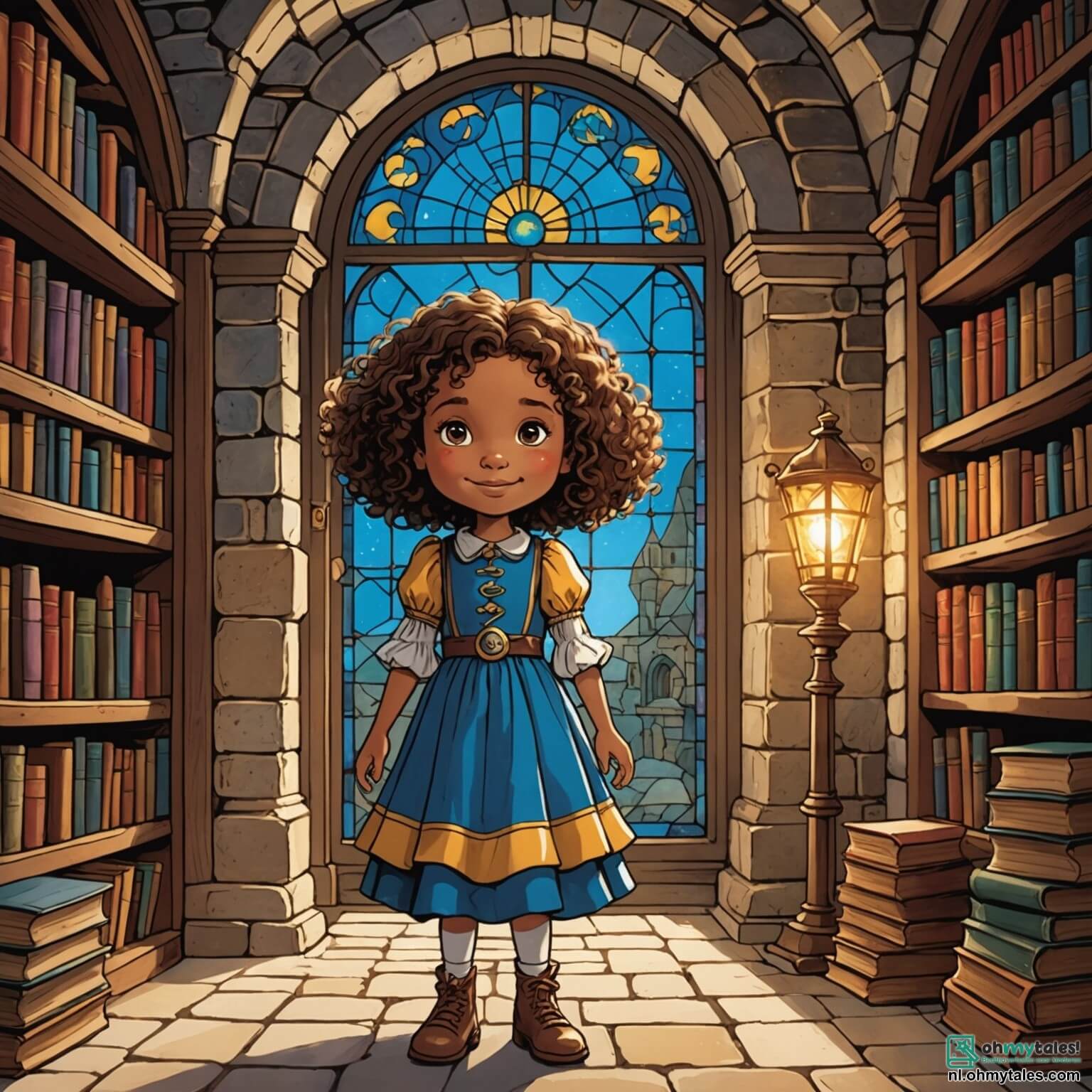 Une illustration destinée aux enfants représentant une petite fille aux cheveux bouclés et aux yeux pétillants d'émerveillement, vêtue d'une robe colorée, se tenant devant une mystérieuse machine à voyager dans le temps, entourée de vieux livres poussiéreux dans une bibliothèque ancienne aux murs en pierre, où des rayons de lumière filtrent à travers des fenêtres ornées de vitraux colorés, tandis qu'à ses côtés, un jeune garçon au sourire éclatant et à la tunique médiévale l'encourage avec enthousiasme, et un petit souris en lab coat, aux lunettes rondes, observe avec curiosité, tous prêts à vivre une aventure extraordinaire à travers les âges.