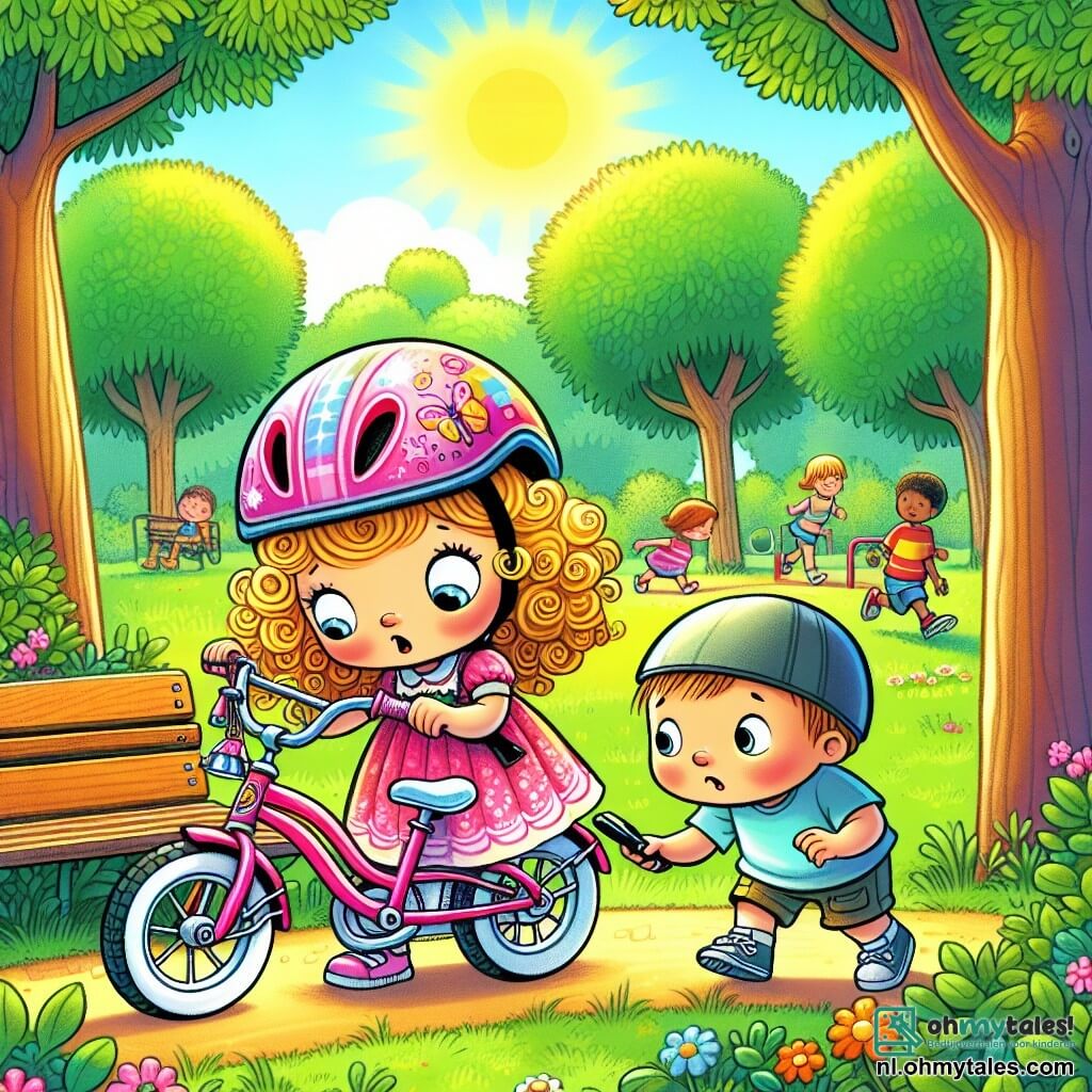 Une illustration sous forme de dessin destinée aux enfants représentant un parc ensoleillé avec de grands arbres verts et une aire de jeux colorée, où une petite fille de 4 ans aux cheveux bouclés et blonds, portant une robe rose et un casque de vélo, cherche désespérément sa jolie bicyclette rose ornée de clochettes, tandis qu'un garçon de 5 ans aux cheveux bruns et courts, vêtu d'un t-shirt bleu et de shorts, l'aide en interrogeant des enfants qui jouent autour d'eux, capturant l'esprit d'aventure et d'amitié dans leur quête pour retrouver la bicyclette disparue.