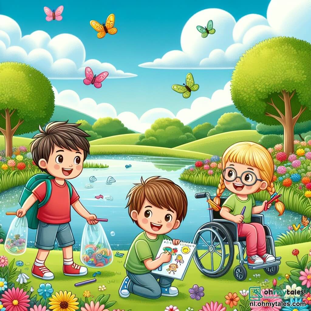 Illustratie van een prachtig natuurlandschap, met een glinsterende vijver in het midden, omringd door kleurrijke bloemen en grote groene bomen. De lucht is blauw met enkele zachte, witte wolken. Op de voorgrond zijn drie kinderen bezig met het opruimen van afval: een 8-jarige jongen met rommelig bruin haar en een stralende glimlach, in een rode t-shirt en blauwe shorts. Naast hem zit een 9-jarig meisje in een mooie rolstoel, met gevlochten blond haar en een gele t-shirt, dat met kleurpotloden in een notitieboekje tekent. Tot slot is er een andere 7-jarige jongen met blond haar en een bril, in een groene t-shirt, die een plastic fles vasthoudt die hij net heeft gevonden. De scène toont de kinderen in actie, glimlachend en gemotiveerd, terwijl ze de natuur schoonmaken en plezier hebben. Vogels vliegen in de lucht en kleurrijke vlinders dansen om hen heen, wat een vleugje magie toevoegt aan dit moment van kameraadschap en milieubescherming.