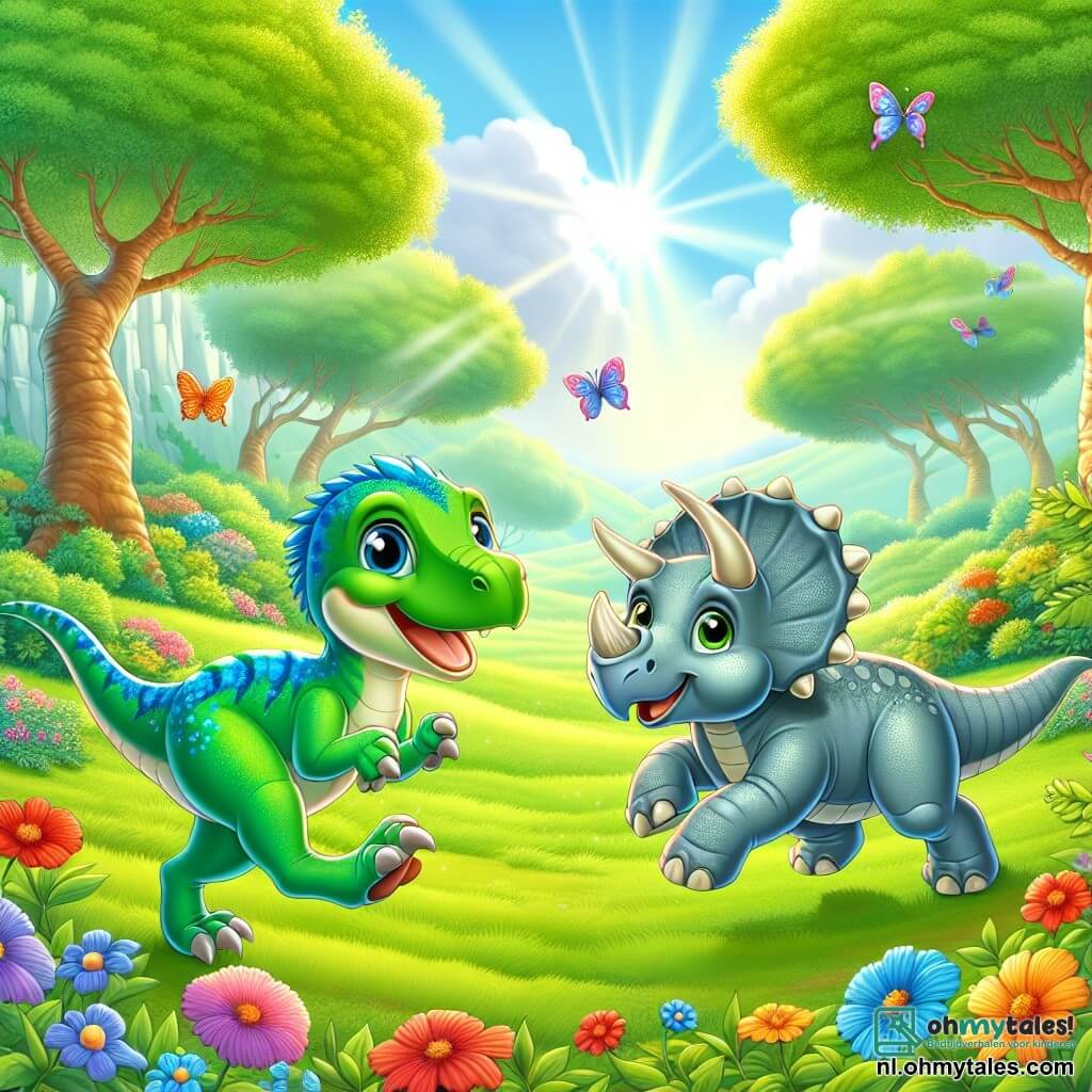 Illustratie van een prachtige groene vallei, vol majestueuze bomen met schitterende bladeren en kleurrijke bloemen die dansen in de lichte bries. In het midden rent een velociraptor met een levendige groene en blauwe verenkleed, met grote ogen vol nieuwsgierigheid, vrolijk door het zachte gras, met een brede glimlach op zijn gezicht. Naast hem springt een triceratops met imposante hoorns en een grijze huid, met zachte en vriendelijke ogen, blij achter zijn vriend aan. De scène straalt een sfeer van geluk en vriendschap uit, met zonnestralen die door de bomen filteren en de twee dinosaurussen verlichten die samen plezier maken, klaar om hun magische wereld te verkennen. Kleurrijke vlinders vliegen om hen heen en voegen een vleugje magie toe aan deze mooie avontuurlijke dag.