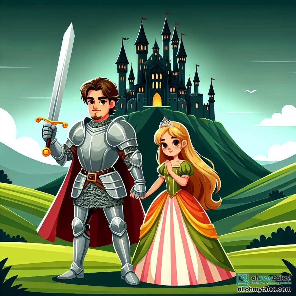 Une illustration sous forme de dessin destinée aux enfants représentant un château majestueux perché sur une colline verdoyante, avec un chevalier courageux, un homme aux cheveux bruns et à l'armure étincelante, brandissant son épée avec détermination, tandis qu'une princesse aux longs cheveux dorés, vêtue d'une robe colorée, se tient à ses côtés, exprimant à la fois gratitude et espoir, alors qu'ils se tiennent devant le sombre château du méchant sorcier, prêts à affronter le danger pour sauver le royaume.