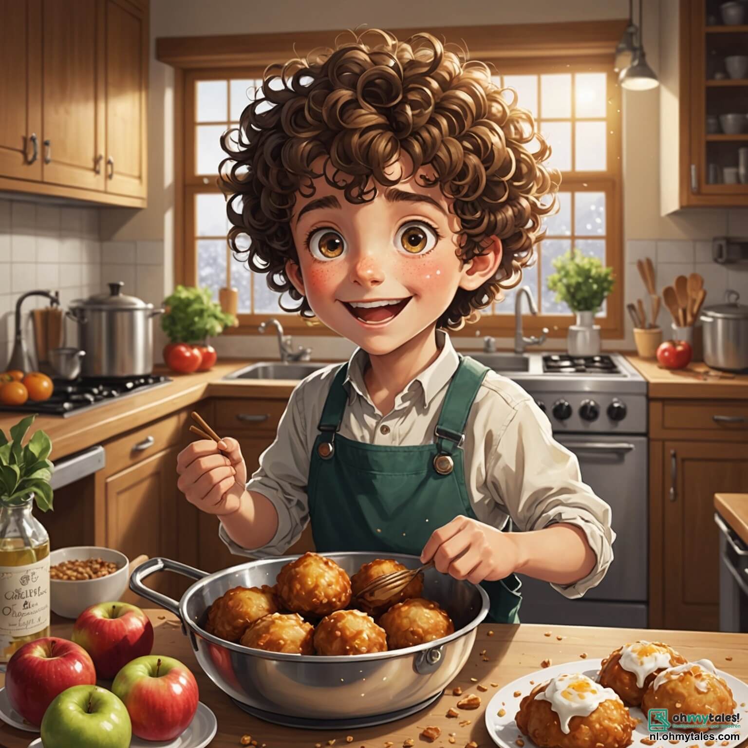 Une illustration destinée aux enfants représentant un garçon aux cheveux bouclés et aux yeux pétillants, débordant d'excitation alors qu'il se prépare à célébrer la fête du Nouvel An dans la chaleureuse cuisine de sa maison, où l'odeur sucrée des oliebollen fraîchement frits se mêle à celle des pommes caramélisées, tandis que sa petite sœur aux cheveux en chignon, pleine de joie, l'aide à plier des serviettes en forme d'étoiles colorées, et où leurs amis, un garçon aux lunettes et une fille aux tresses, s'affairent autour de la table décorée de guirlandes scintillantes et de bougies, créant une atmosphère festive et magique qui annonce l'arrivée d'une nouvelle année pleine d'aventures.