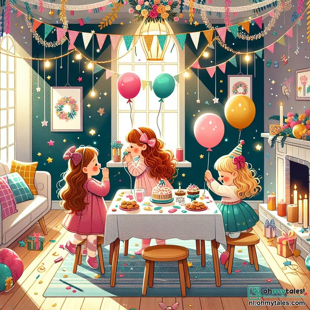 Illustratie van een gezellige woonkamer versierd voor Oud en Nieuw. De muren zijn versierd met kleurrijke slingers en fonkelende lichten, terwijl een grote tafel bedekt is met feestelijke servetten en heerlijke koekjes. In het midden van de kamer zijn drie kinderen bijeen: een vierjarig meisje met lange bruine haren in een roze jurk, dat met een grote glimlach ballonnen aan het plafond hangt. Naast haar zit een vierjarig meisje met krullend rood haar in een mooie rolstoel, dat in een ballon blaast, met sprankelende ogen van vreugde. Tot slot danst een ander vierjarig meisje met blond haar en een grote gekleurde strik vrolijk terwijl ze confetti in haar handen houdt. De sfeer is gevuld met lachen en opwinding, met lichtflitsen en papieren sterren die om hen heen zweven, wat de magie en belofte van een nieuw jaar symboliseert.