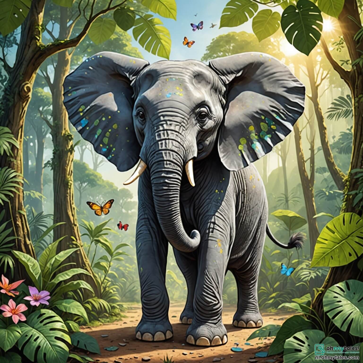 Une illustration destinée aux enfants représentant un majestueux éléphant aux grandes oreilles, dont la peau grise est parsemée de petites taches de boue scintillantes sous le soleil éclatant, se tenant au milieu d'une jungle luxuriante où les arbres géants aux feuilles verdoyantes forment un toit naturel, tandis qu'autour de lui, des amis joyeux comme un singe espiègle aux yeux pétillants et une papillon coloré aux ailes chatoyantes s'affairent à préparer un pique-nique festif, tout en écoutant le doux murmure d'une rivière cristalline serpentant entre les rochers couverts de mousse, créant une atmosphère de camaraderie et d'aventure où l'éléphant, bienveillant et protecteur, s'apprête à surmonter un orage inattendu pour rassembler tous ses amis et leur montrer la force de l'amitié.