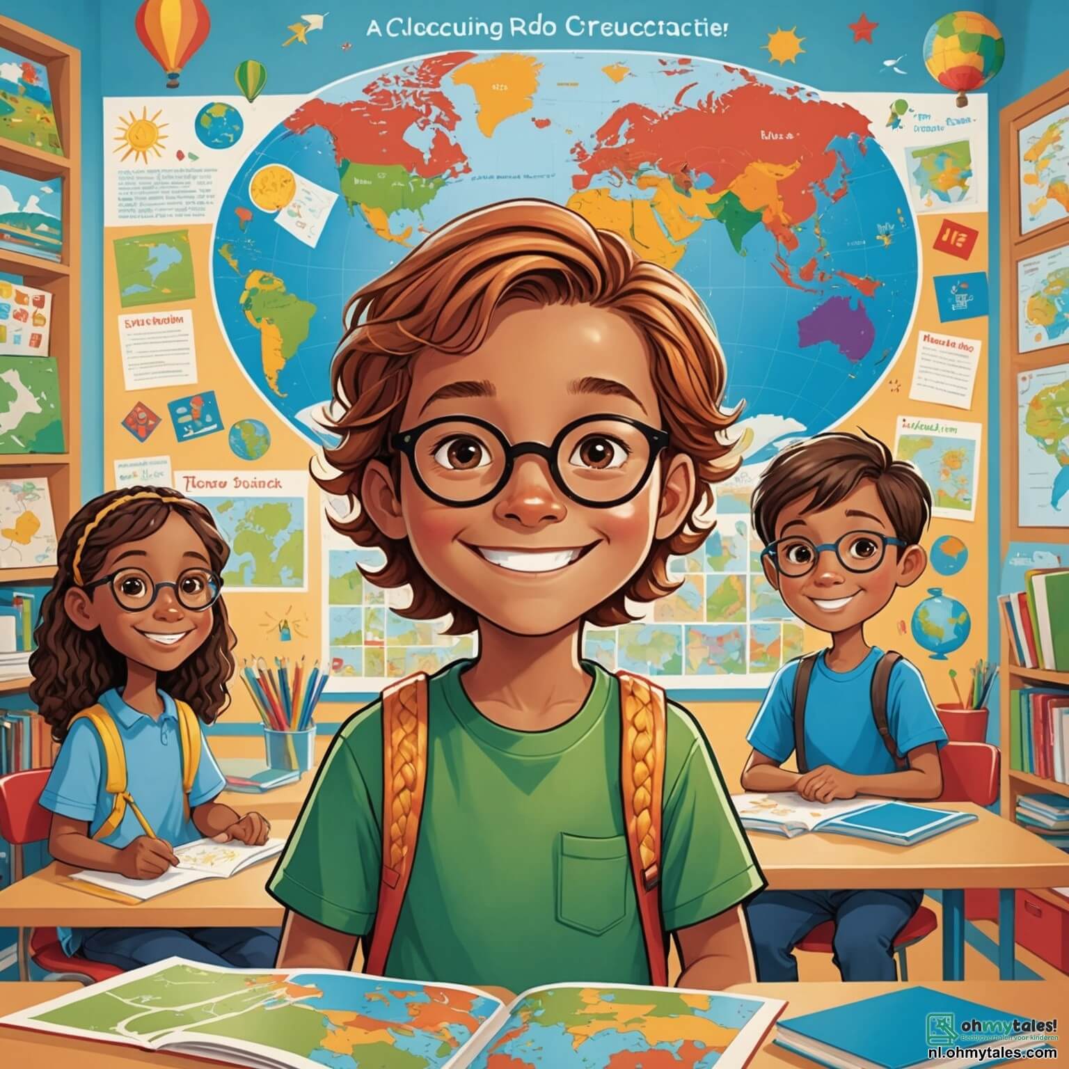 Une illustration destinée aux enfants représentant un garçon au sourire éclatant, aux cheveux châtains et aux yeux pétillants, se tenant au milieu d'une salle de classe colorée, ornée de dessins vibrants et de cartes du monde, où il fait la connaissance de ses nouveaux camarades, dont une fille aux longues tresses dorées et un garçon à la grande paire de lunettes, tous impatients de partager leurs cultures et traditions lors d'une journée spéciale dédiée à la diversité, tandis qu'à l'extérieur, le soleil brille sur un parc verdoyant, rempli d'arbres majestueux et de fleurs éclatantes, créant une atmosphère chaleureuse et accueillante pour l'amitié et l'apprentissage.