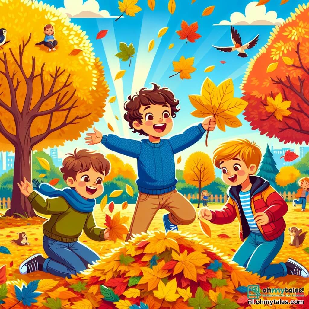 Illustratie van een park in de herfst, met bomen met vurig gekleurde bladeren in geel, oranje en rood. De grond is bedekt met een dikke laag dode bladeren, die een kleurrijk tapijt vormt. Drie jongens van ongeveer 7 jaar staan in het midden van de scène. De eerste jongen, met bruin, krullend haar, draagt een blauwe trui en beige broek. Hij springt in een grote hoop bladeren met een brede glimlach op zijn gezicht. De tweede jongen, met blond en steil haar, zit op zijn hurken en houdt een groot gouden blad in zijn handen, verwonderd door de schoonheid ervan. De derde jongen, met kort, rood haar, is enthousiast bladeren aan het oprapen, gekleed in een rode jas. De scène vangt de blije energie van de kinderen die samen spelen, omringd door de magie van de herfst. Vogels vliegen in de helderblauwe lucht, en enkele witte wolken drijven zachtjes. Zonne-stralen breken door de takken van de bomen en verlichten de gezichten van de jongens en de levendige kleuren van de bladeren.