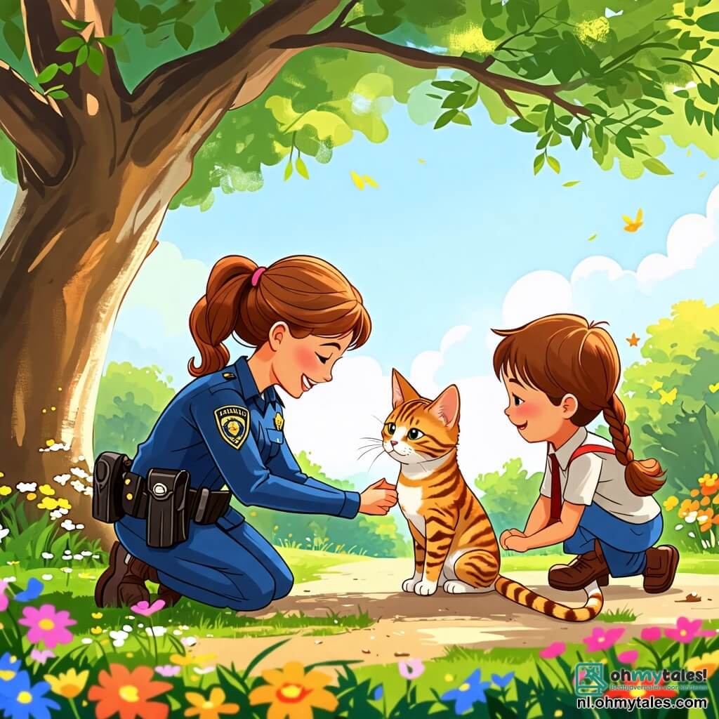 Une illustration sous forme de dessin destinée aux enfants représentant un parc ensoleillé avec des fleurs colorées et un grand arbre, où une femme policière en uniforme bleu, souriante et déterminée, se penche pour caresser un petit chat tigré qui se frotte contre sa jambe, tandis qu'un garçon aux cheveux bruns et une fille avec une grande strik dans les cheveux, tous deux regardent avec joie et excitation, illustrant le moment où ils retrouvent le chat perdu, entourés de rires et d'une atmosphère amicale.