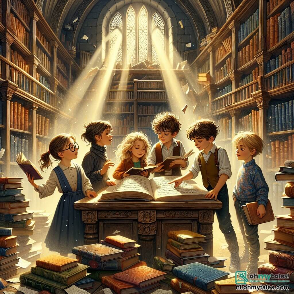 Illustratie van een oude bibliotheek vol met antieke boeken met kleurrijke omslagen, met donkere houten planken die tot aan het plafond reiken. Stralen van licht filteren door grote stoffige ramen en verlichten zwevende deeltjes in de lucht. In het midden van de scène staat een groep van vier kinderen rond een oude houten tafel. Een meisje van ongeveer 10 jaar, met ronde brillen en kastanjebruin haar in een paardenstaart, bladert door een oud boek met een nieuwsgierige blik. Naast haar wijst een 11-jarig jongetje met rommelig bruin haar en een ondeugende glimlach naar een mysterieuze inscriptie op een pagina. Een ander meisje van 9 jaar, met gouden krullen en een schetsboek in haar handen, kijkt aandachtig naar de groep, klaar om te tekenen wat ze ziet. Ten slotte staat een 10-jarig jongetje in een kleurrijk T-shirt en shorts met gekruiste armen, met een vastberaden uitdrukking, alsof hij klaar is om een mysterie op te lossen. De hoofdscène toont de kinderen die een oud mysterieus boek ontdekken, omringd door een sfeer van opwinding en nieuwsgierigheid, met open boeken en verspreide papieren om hen heen. Op de achtergrond lijkt een houtsnijwerk van een draak op een plank hen te observeren, wat een vleugje magie aan de hele scène toevoegt.