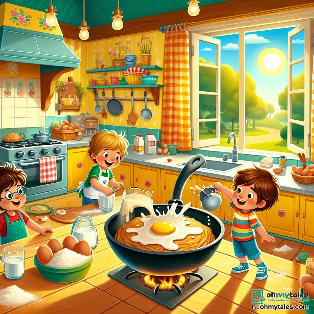 Illustratie van een kleurrijke en zonnige keuken, met felgele muren en open ramen die daglicht binnenlaten. In het midden staat een grote houten tafel bedekt met bloem, eieren en melk, terwijl een enorme gietijzeren pan op het vuur staat, klaar om een enorme pannenkoek te bakken. Drie jongens van ongeveer zes jaar staan op de voorgrond. De eerste jongen, met bruin krullend haar, draagt een rode t-shirt en een blauwe short, hij giet met een grote glimlach beslag in de pan. De tweede jongen, met blond haar en een bril, draagt een groene t-shirt en korte broek, hij lacht terwijl hij probeert een pannenkoek te vangen die op de vloer rolt. De derde jongen, met kastanjebruin steil haar, draagt een blauwe pet en een gestreept t-shirt, hij wijst naar de ontsnapte pannenkoek, met grote ogen van verbazing. De scène vangt het hilarische moment waarop de enorme pannenkoek uit de pan ontsnapt en over de vloer rolt, terwijl de jongens lachen en plezier hebben, wat een vrolijke en energieke sfeer creëert. Spetters van pannenkoekbeslag zijn zichtbaar om hen heen, wat een leuke chaotische toets aan de illustratie toevoegt.