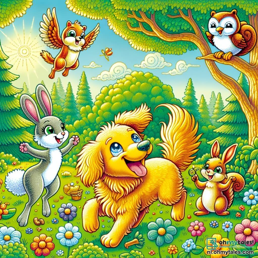 Une illustration sous forme de dessin destinée aux enfants représentant un parc ensoleillé avec de grandes arbres verdoyants et des fleurs colorées, où un grand chien doré aux yeux pétillants, joyeusement en train de sauter, est entouré de ses amis : un petit lapin aux oreilles longues et blanches qui danse, une éekhoorn espiègle avec une queue touffue qui tient une noix, et un hibou sage perché sur une branche, tous célébrant leur aventure à la recherche d'une mystérieuse boîte pleine de délices, créant une atmosphère de joie et d'amitié.